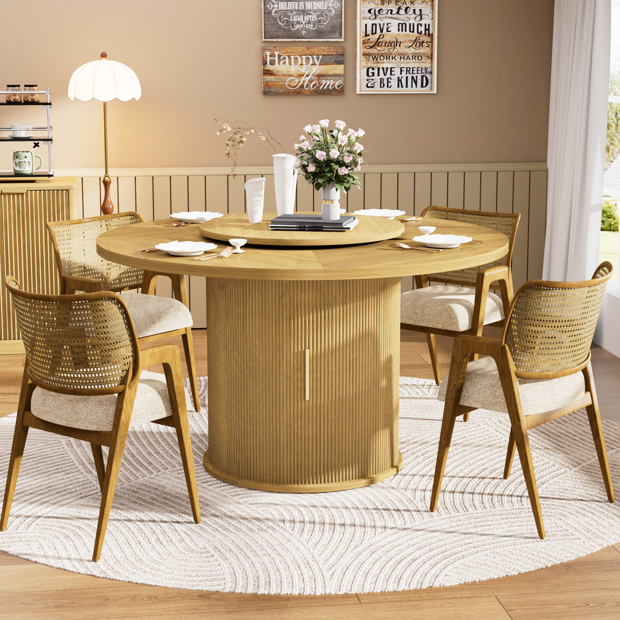 Ganges 55" Natural Round Dining Table with Storage Rack and Rotating Tray