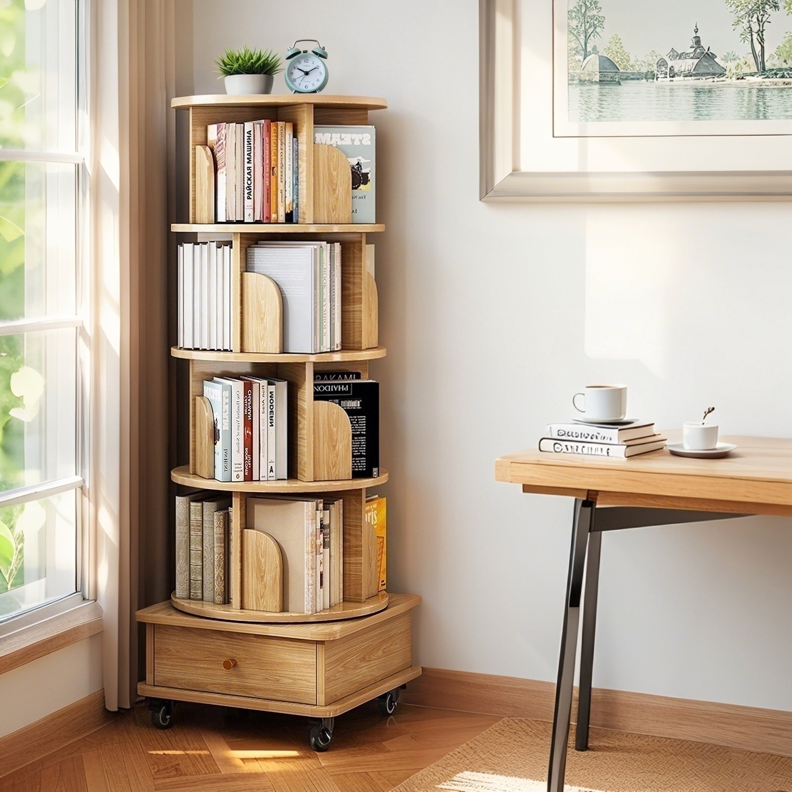 Sophia 5 Tier Rotating Bookshelf Display Stand with Drawer and Wheels