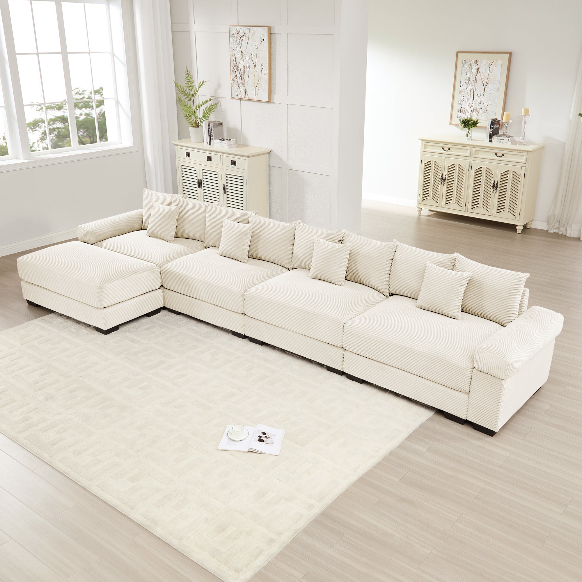 Albany 168" Modular Corduroy Oversized Cloud L-Shaped Sectional Sofa with Ottoman