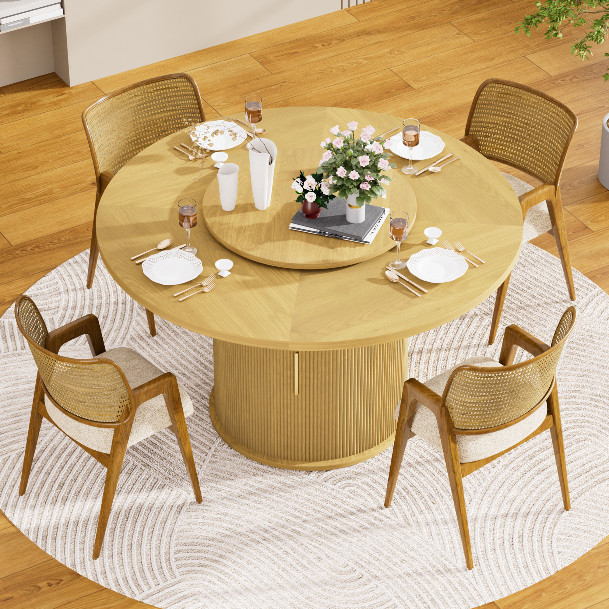 Ganges 55" Natural Round Dining Table with Storage Rack and Rotating Tray