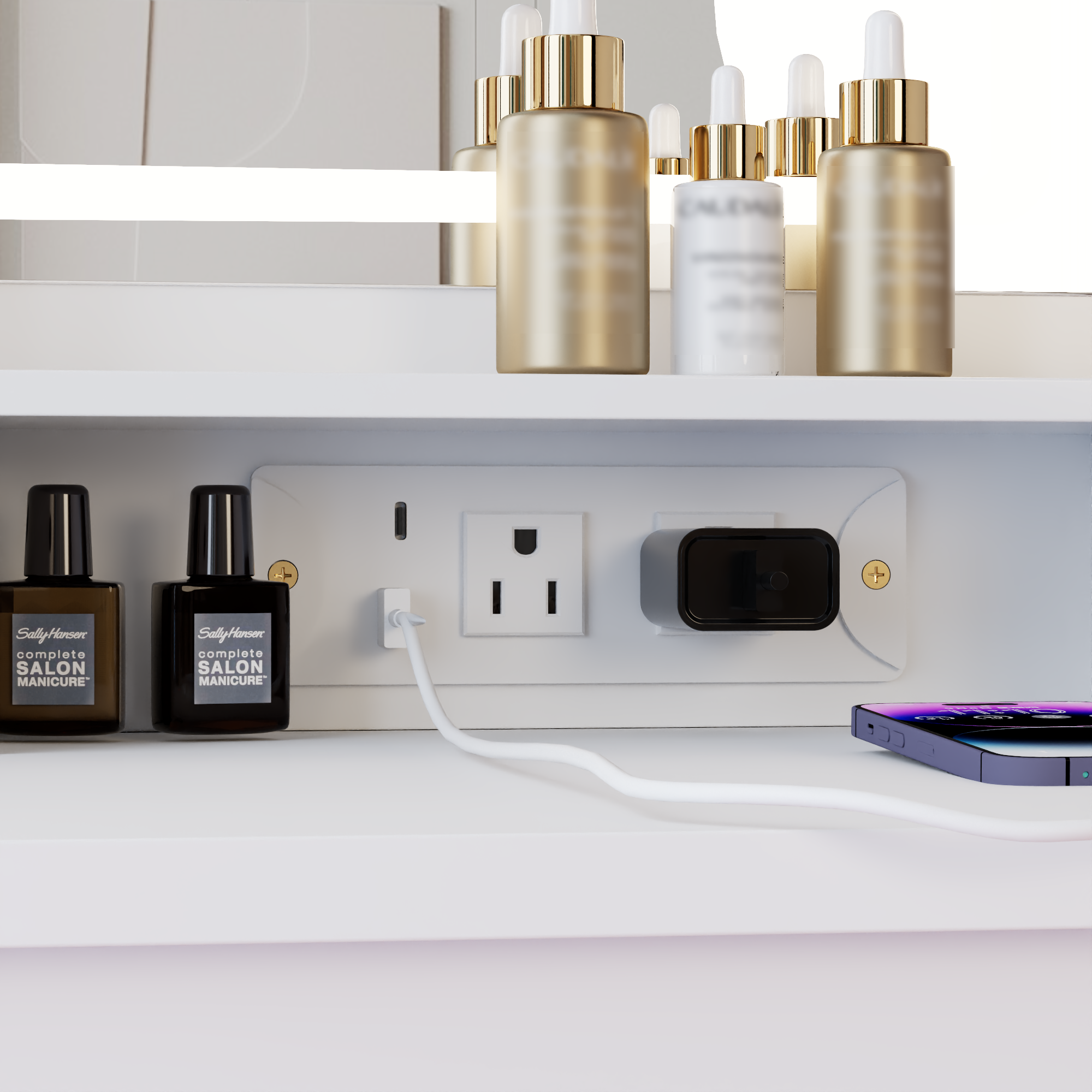Homy Casa 41" White Vanity Set with LED Mirror, Power Outlets & Cushioned Stool