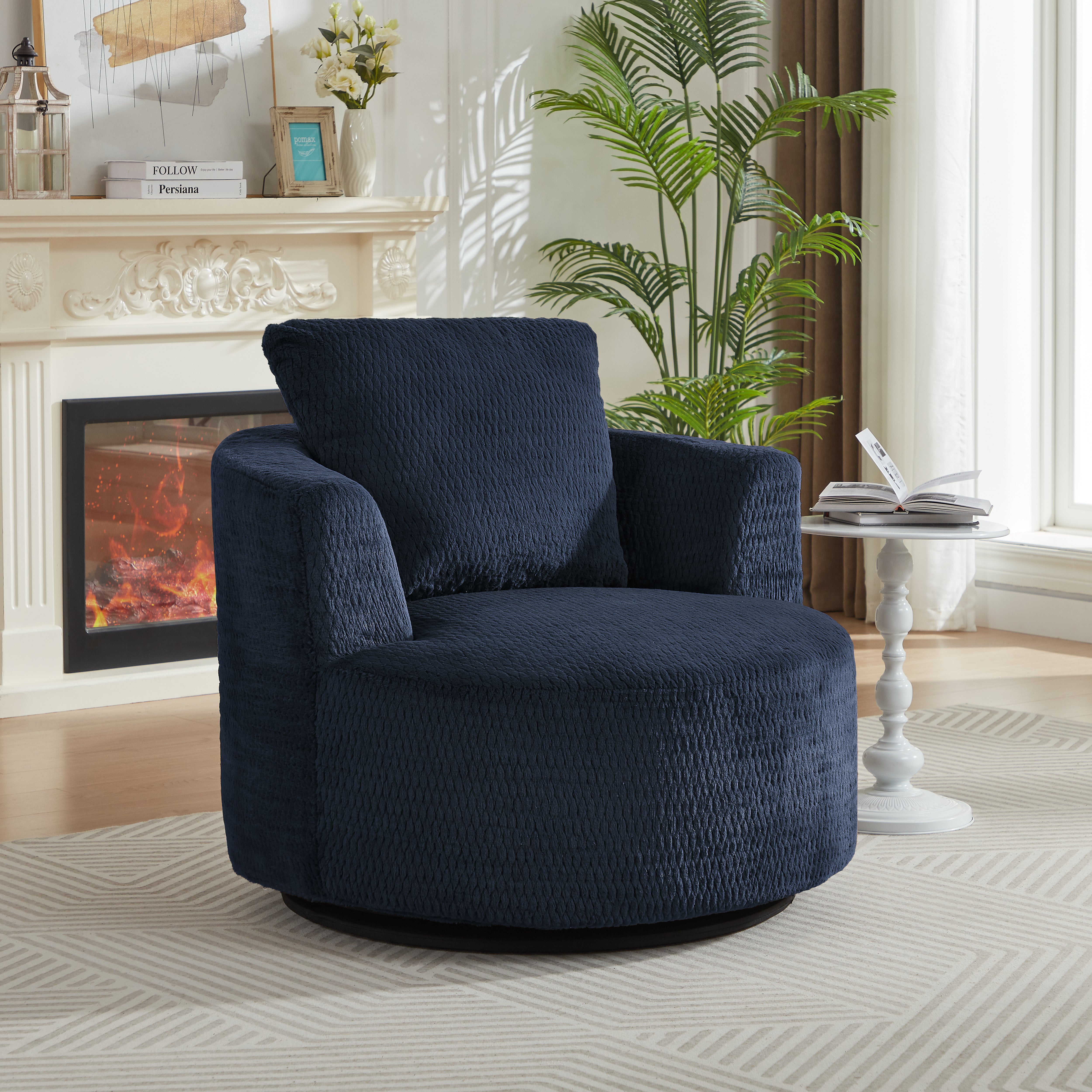 1-Pack Dark Blue Swivel Accent Chair, Modern Comfort Armchair with Faux Fur, 360° Rotation, Plush Sponge & Pocket Spring Support, Stylish Space-Saving Furniture for Living Room, Office, Apartment, Easy Assembly, Durable Wooden Base