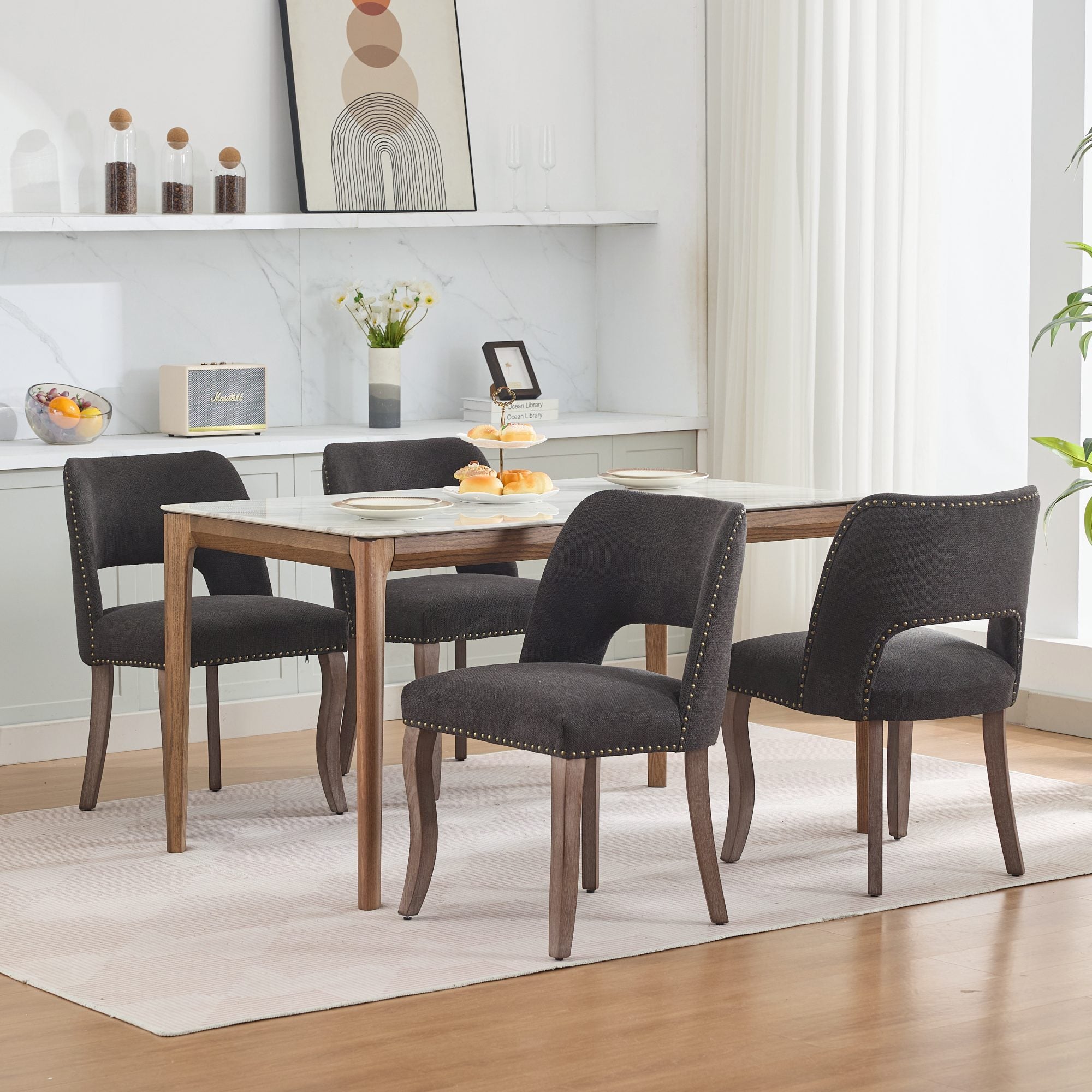 Tiberis Modern Fabric Upholstered Dining Chair Set of 2 Wood Frame