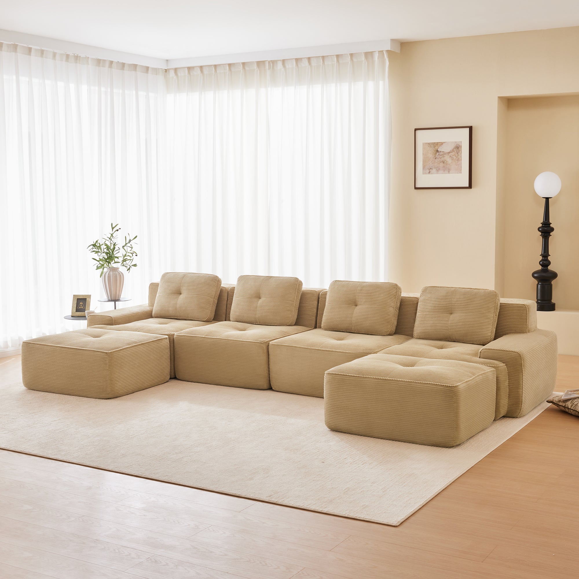 Racine 153" Modular Corduroy Fabric U-Shaped Sectional Sofa with Deep Seat and 2 Movable Ottomans