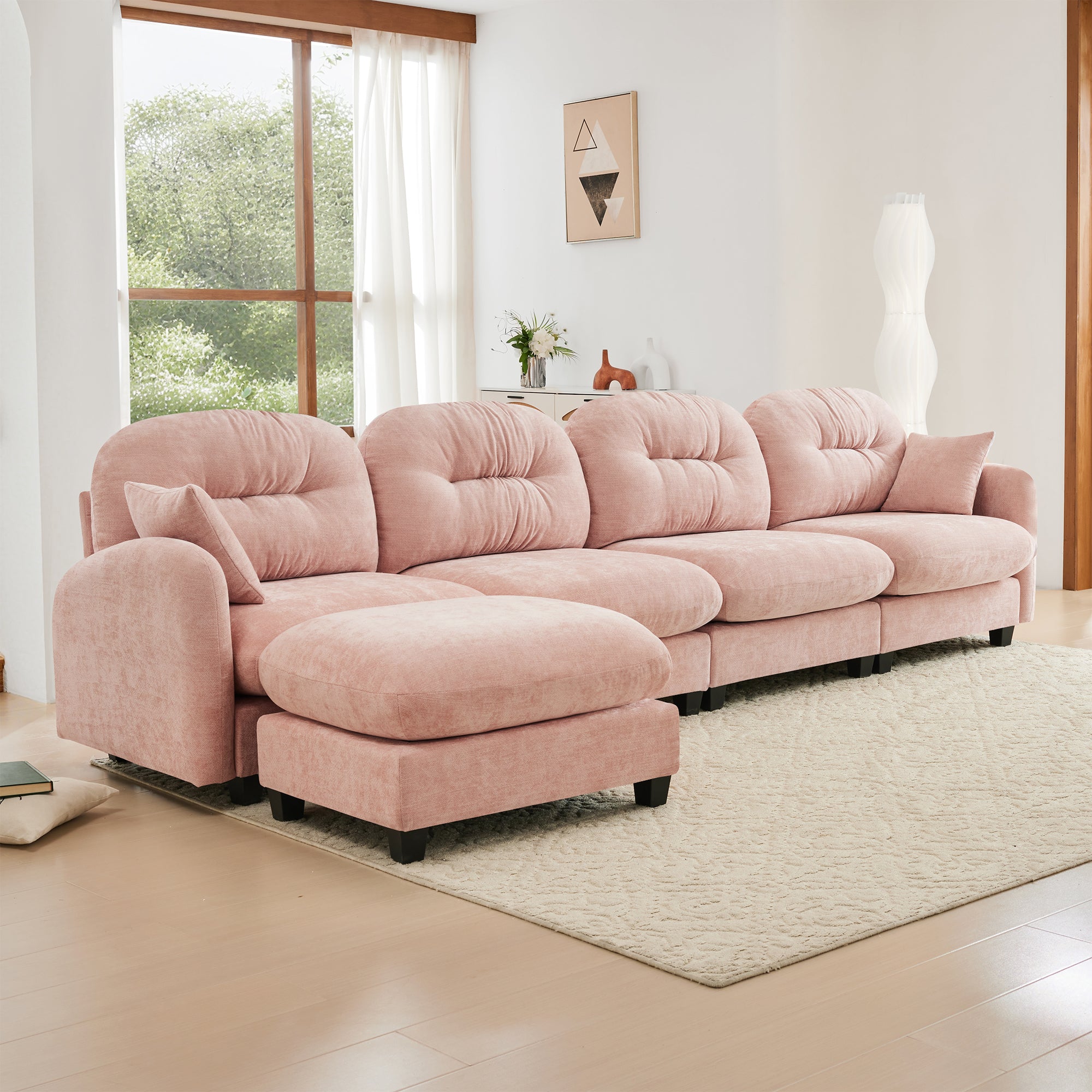 Roselyn 140" Modular Chenille Cloud L-Shaped Sectional Sofa with Ottoman and Tufted Cushion Backrest