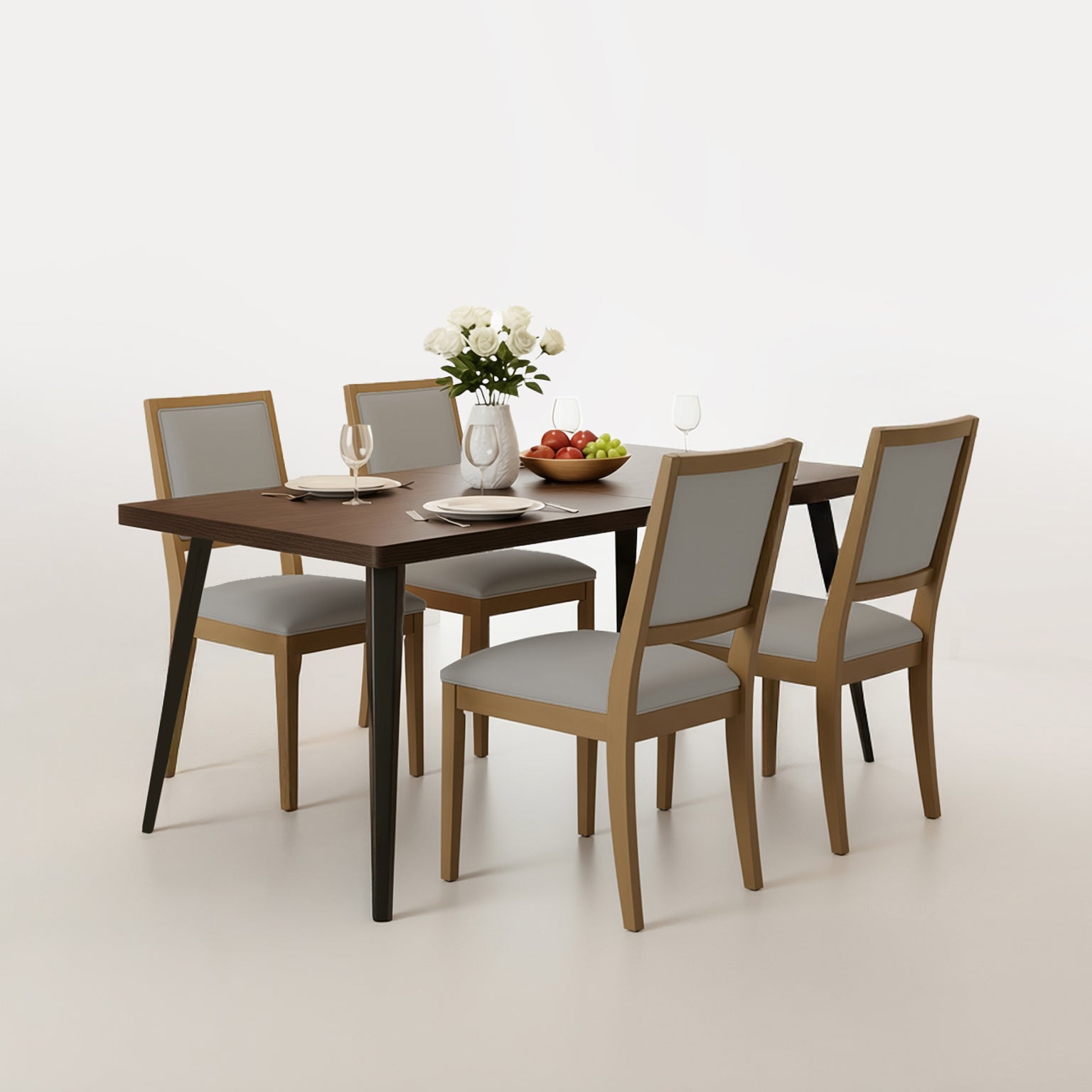 Homy Casa Stan 5PC Dining Set 63” Brown Table with 4 Siget Upholstered Solid Wood Chairs