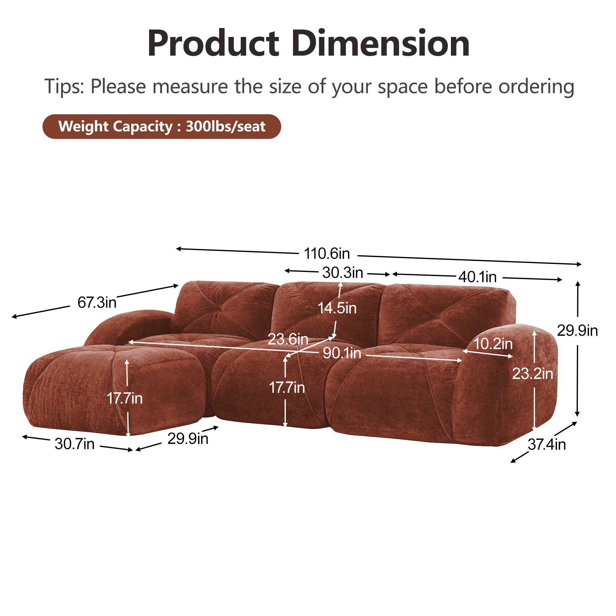 Aven 111" Modular Velvet Cloud L-Shaped Sectional Sofa with Movable Ottoman
