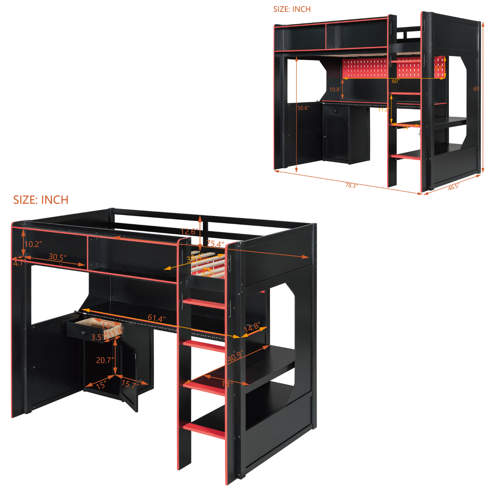 Galenor Twin Size Gaming Loft Bed with Integrated Desk, Charging Station and LED Lights