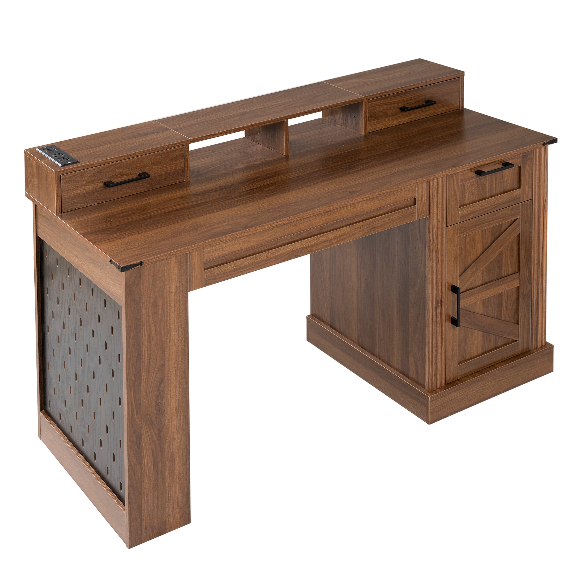 Kova 55" Farmhouse Office Desk with Storage Cabinet, Keyboard Tray and Charging Station