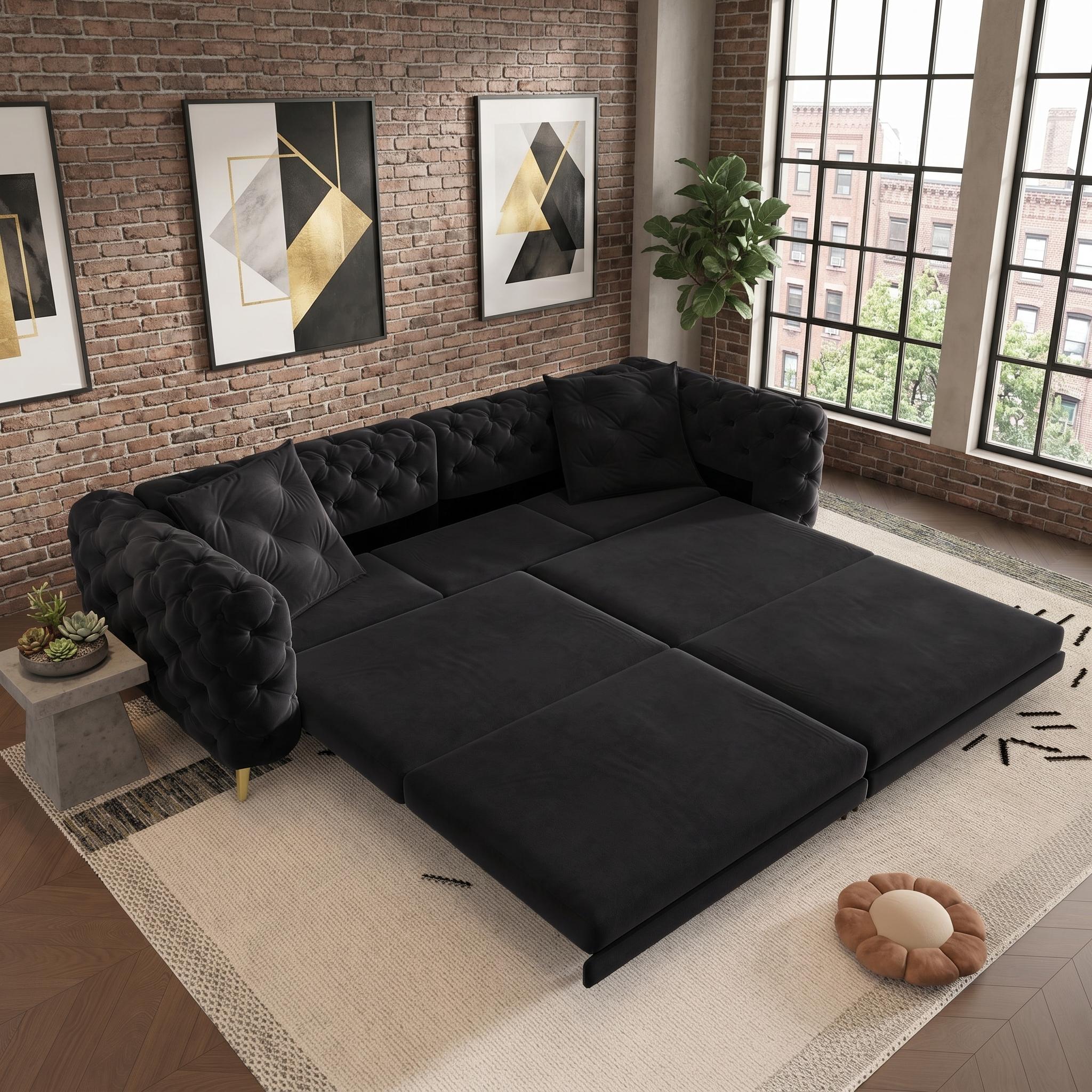 Allentown 98" Velvet Button Tufted 4-Seater Sleeper Sofa Bed with Movable Ottoman