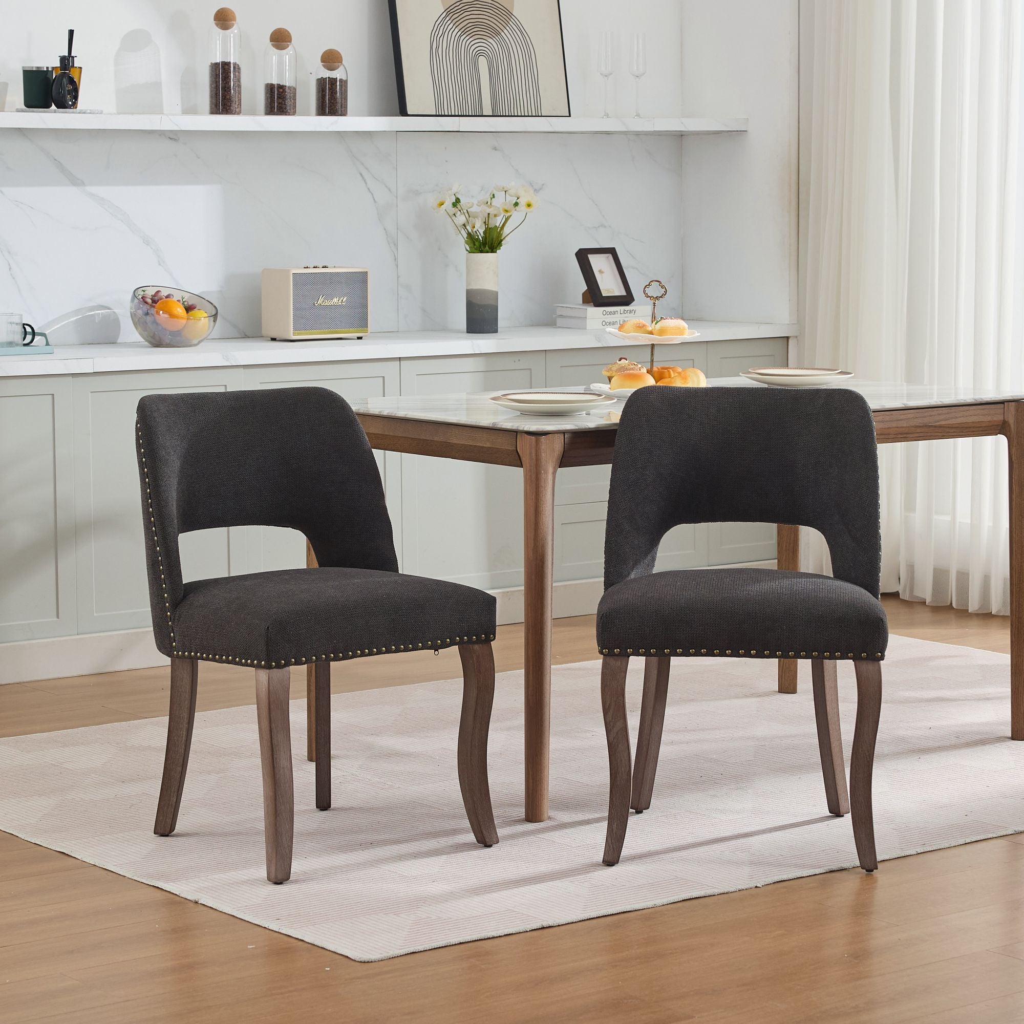 Tiberis Modern Fabric Upholstered Dining Chair Set of 2 Wood Frame