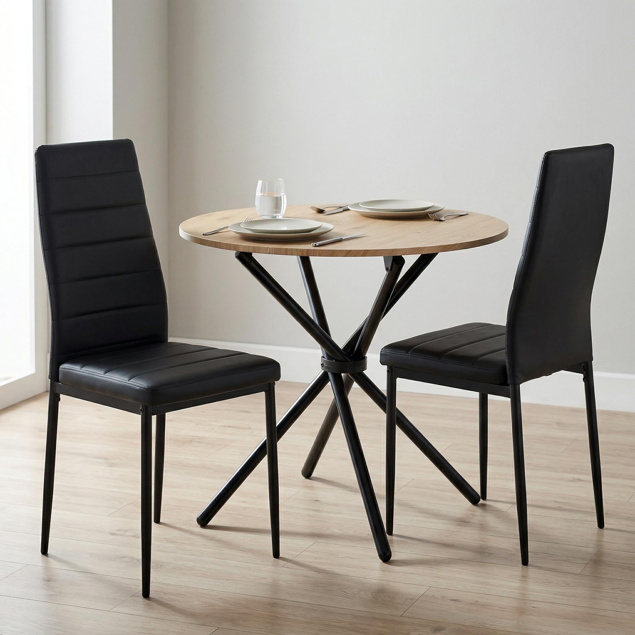 Homy Casa Hare 3PC Dining Set 31.5” Round Table with 2 ANN BLACK PVC Dining Chairs for Kitchen & Dining