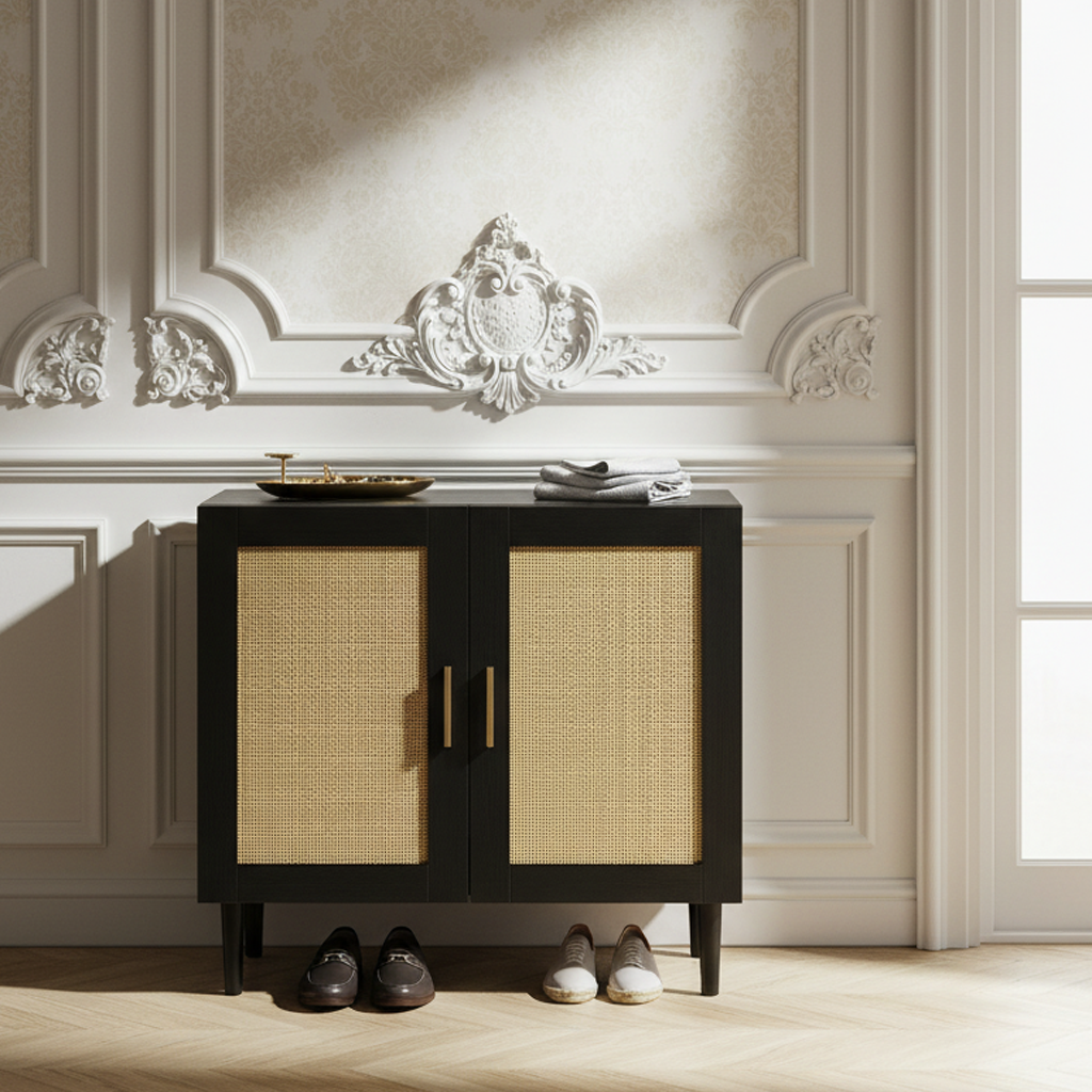 Side panel buffet cabinet with natural rattan door, rattan storage cabinet with adjustable shelves, side panel and buffet with storage space, modern console cabinet in bedroom and living room