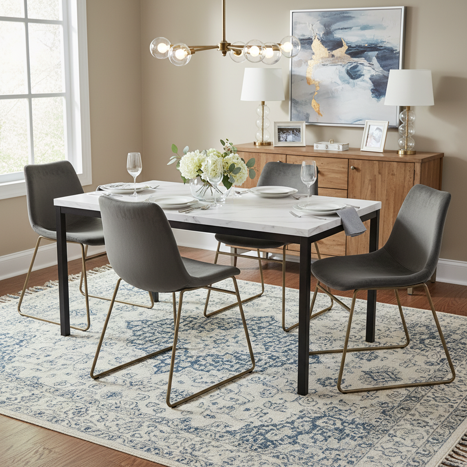 Cajon 5 Piece White Marble & Batassel Upholstered Dining Set