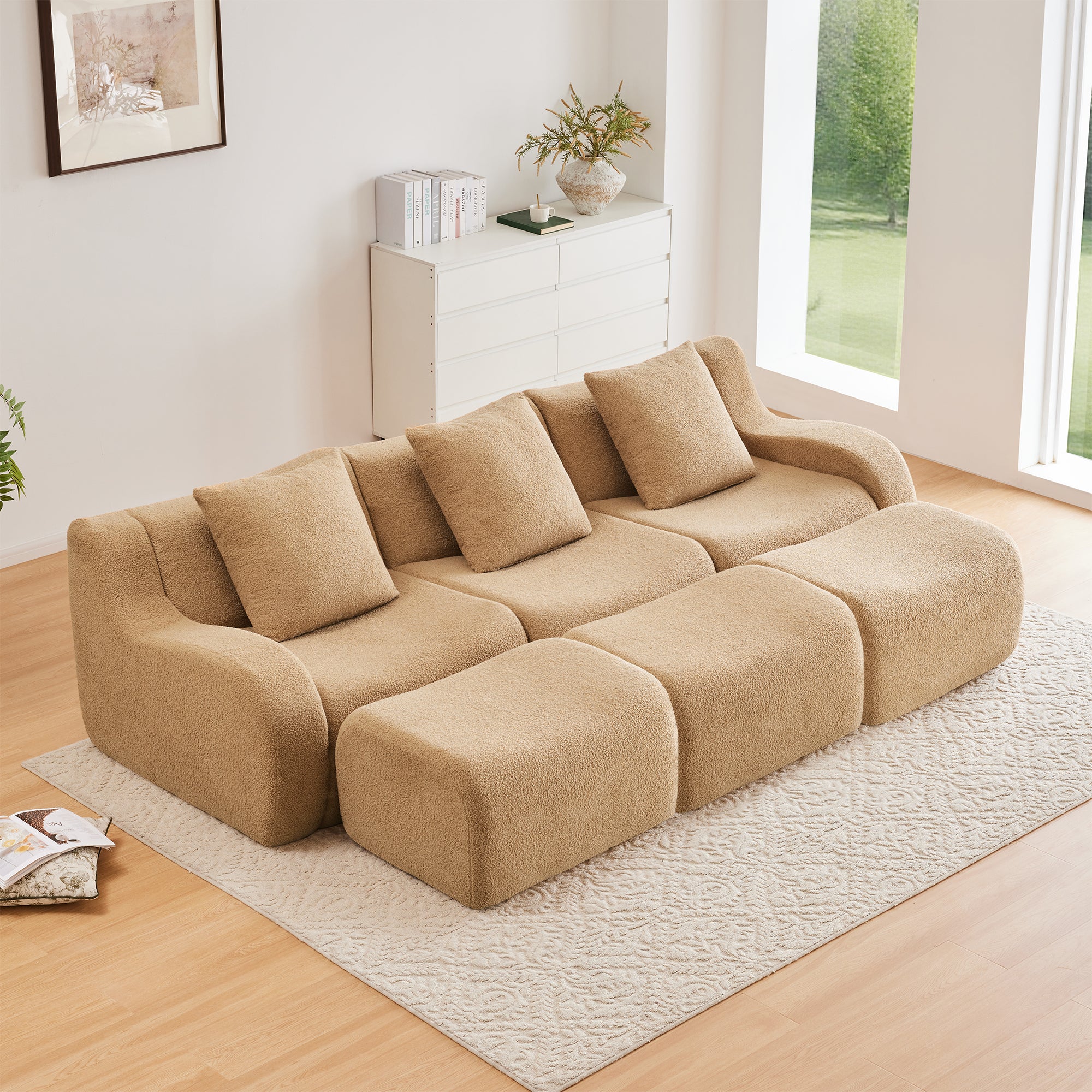 Chico 115" Modular Teddy Fabric 3-Seater Sofa with3 Ottomans