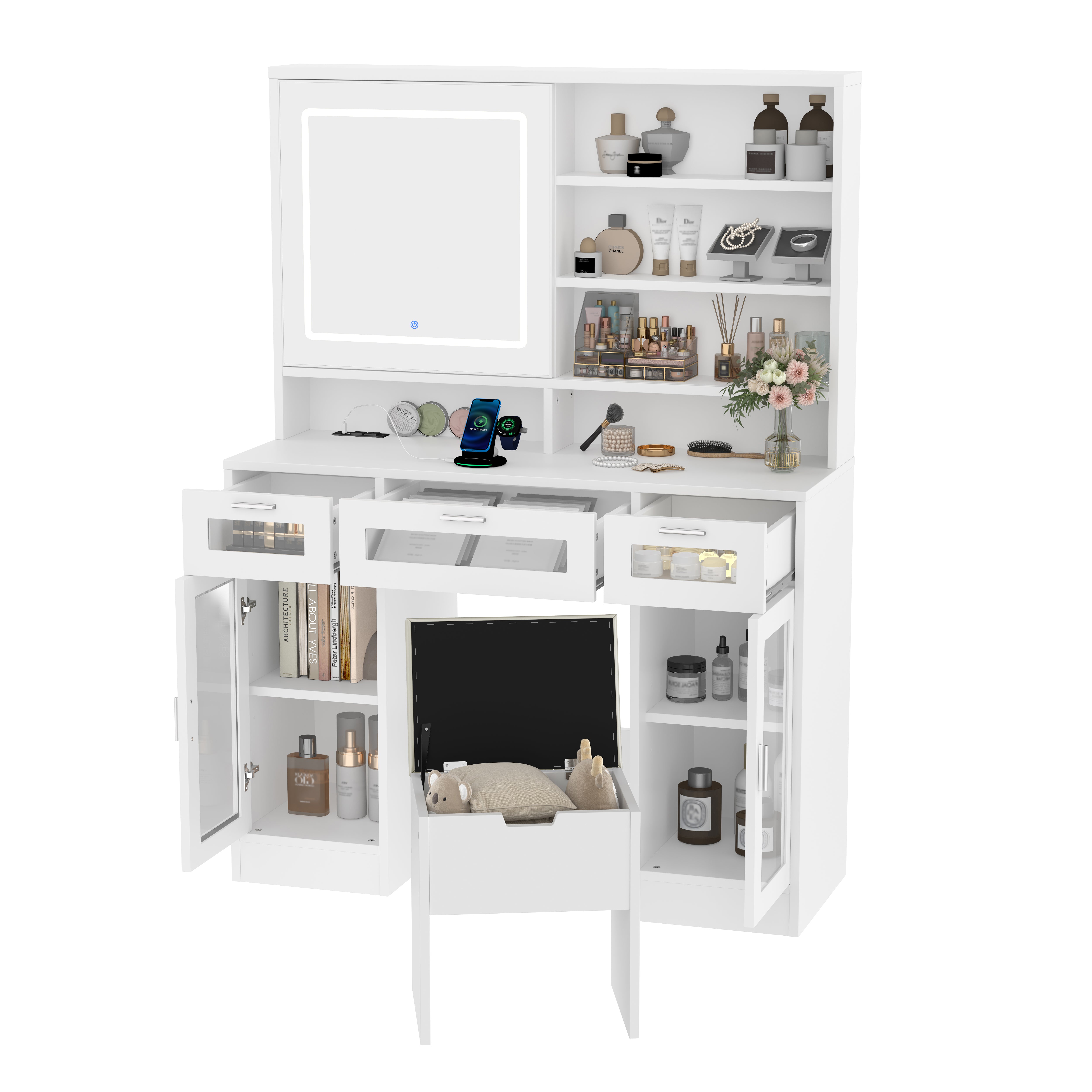 Homy Casa Kiruna 41" Modern Vanity Table Set with Sliding LED Mirror and Charging Station, White