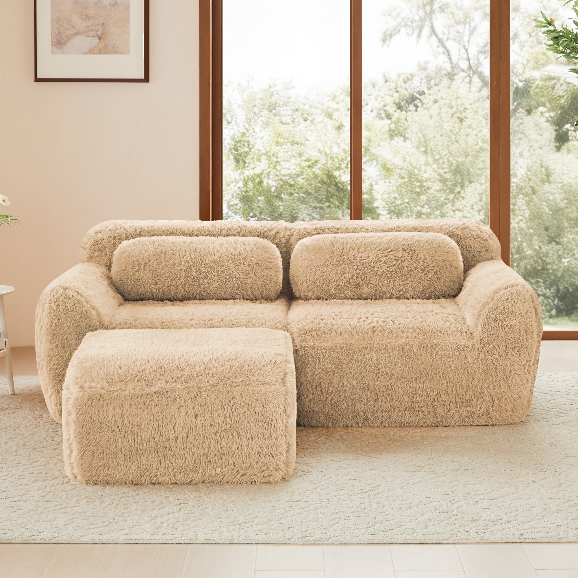 Durham Plush L-Shaped Sofa with Chaise and High-Density Sponge Light Khaki