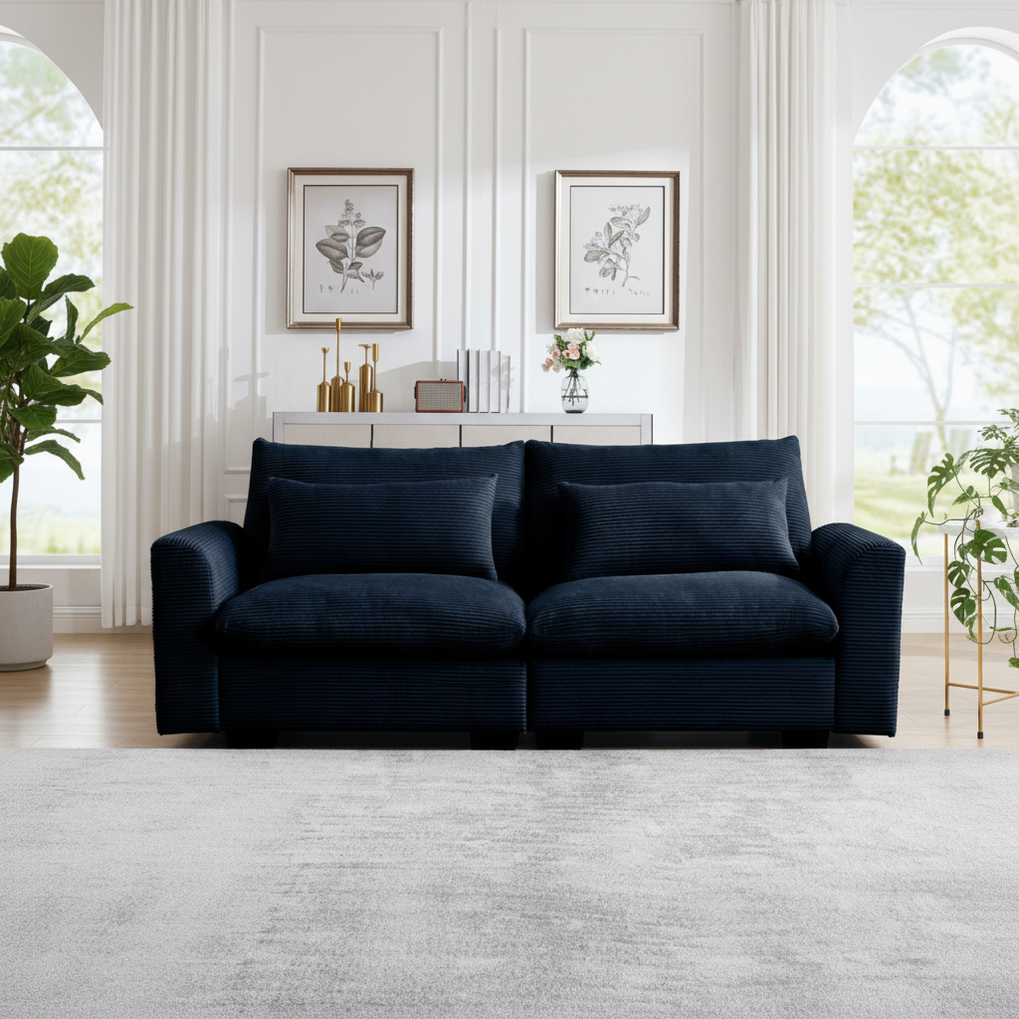 1-Pack Blue Modern Sofa 2 Seater, Contemporary Corduroy Upholstery, Ergonomic Armrests, Flexible Modular Design for Apartment Living Room, Easy Assembly, Ultimate Comfort, Durable Space-Saving Furniture by HomyCasa