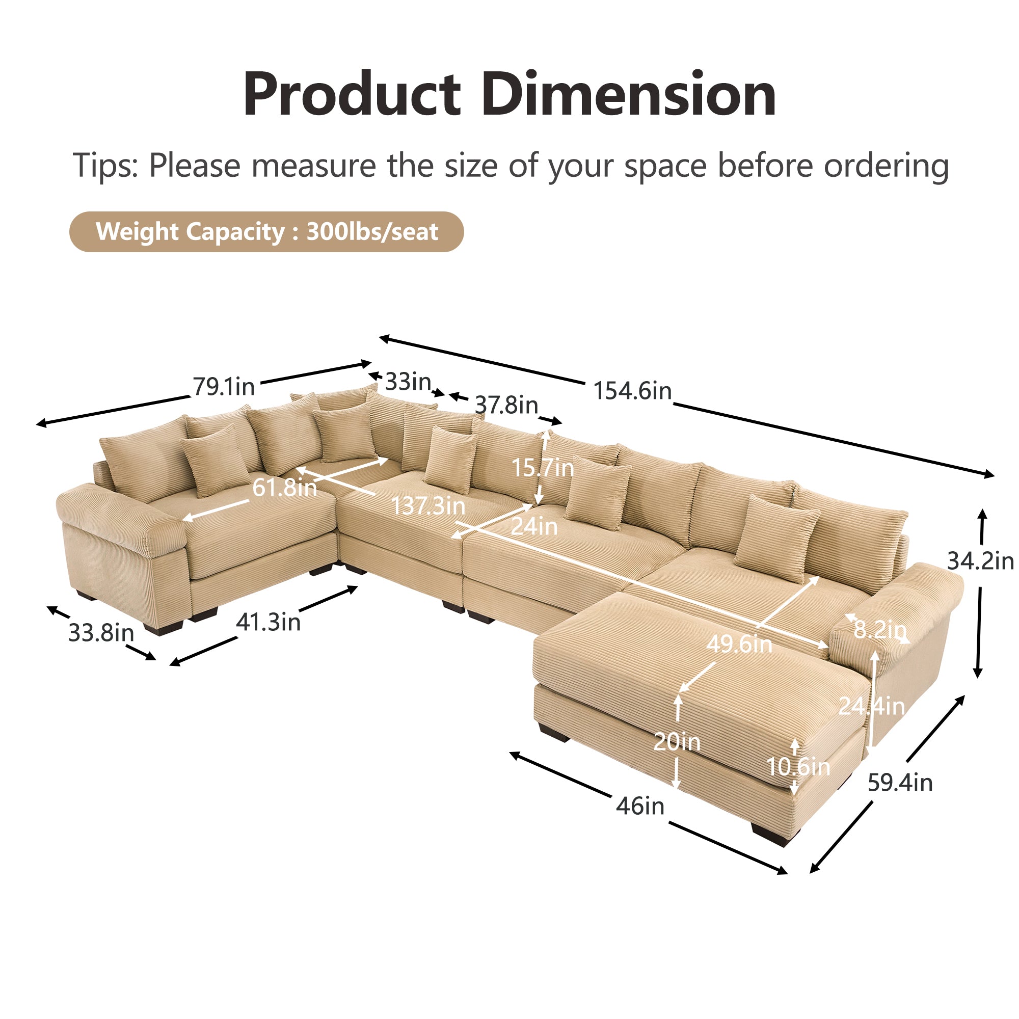 Albany 155" Modular Corduroy Oversized Cloud U-Shaped Sectional Sofa with Ottoman