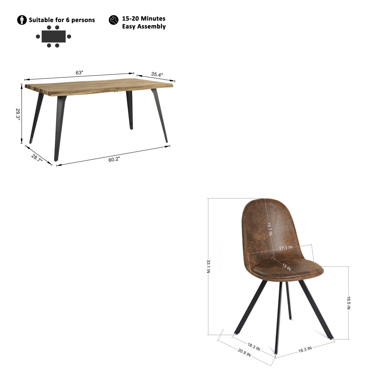 Homy Casa Lancelot 5PC Dining Set 63” Walnut Table with 4 Sunflower Upholstered Chairs,Brown