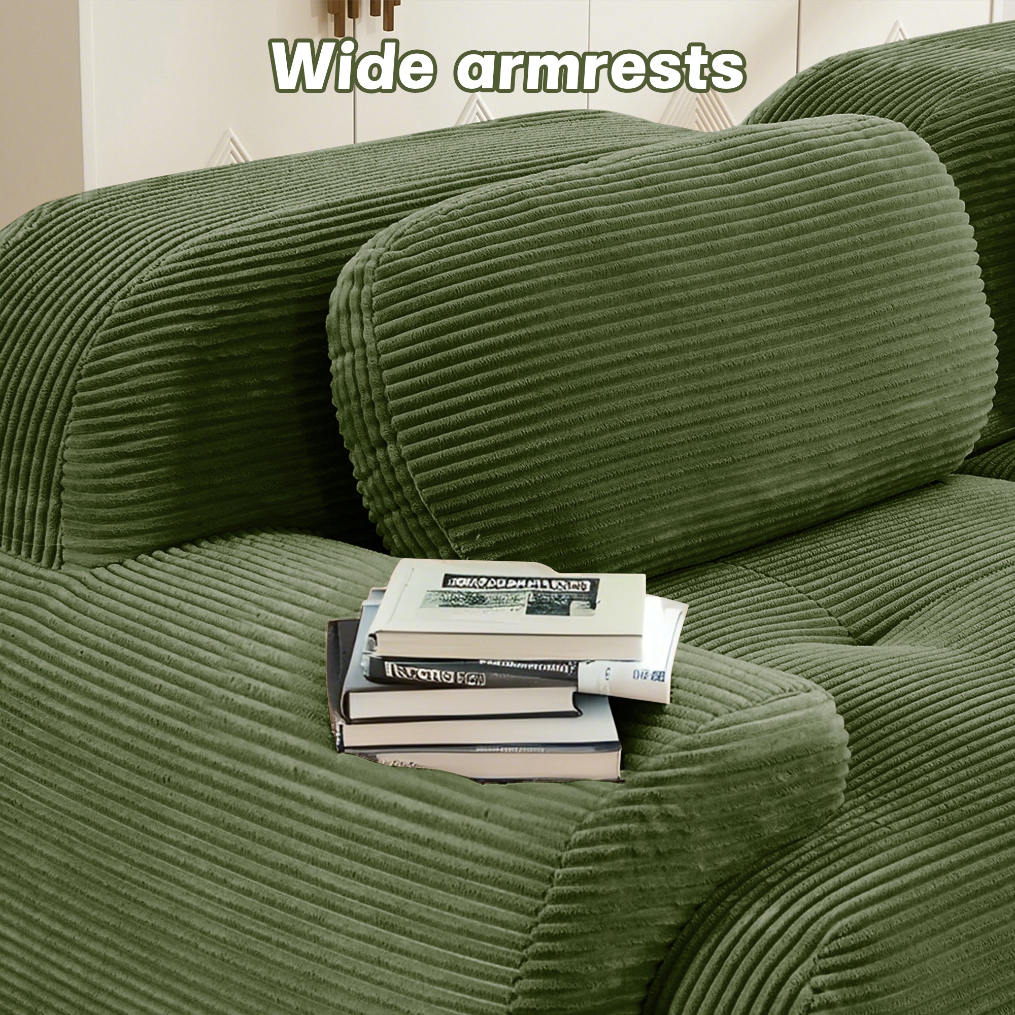 L-Shaped Modular Sofa, No Assembly, Ergonomic Design, Corduroy Fabric, Extra-Wide Armrests, Living Room/Bedroom, Olive Green