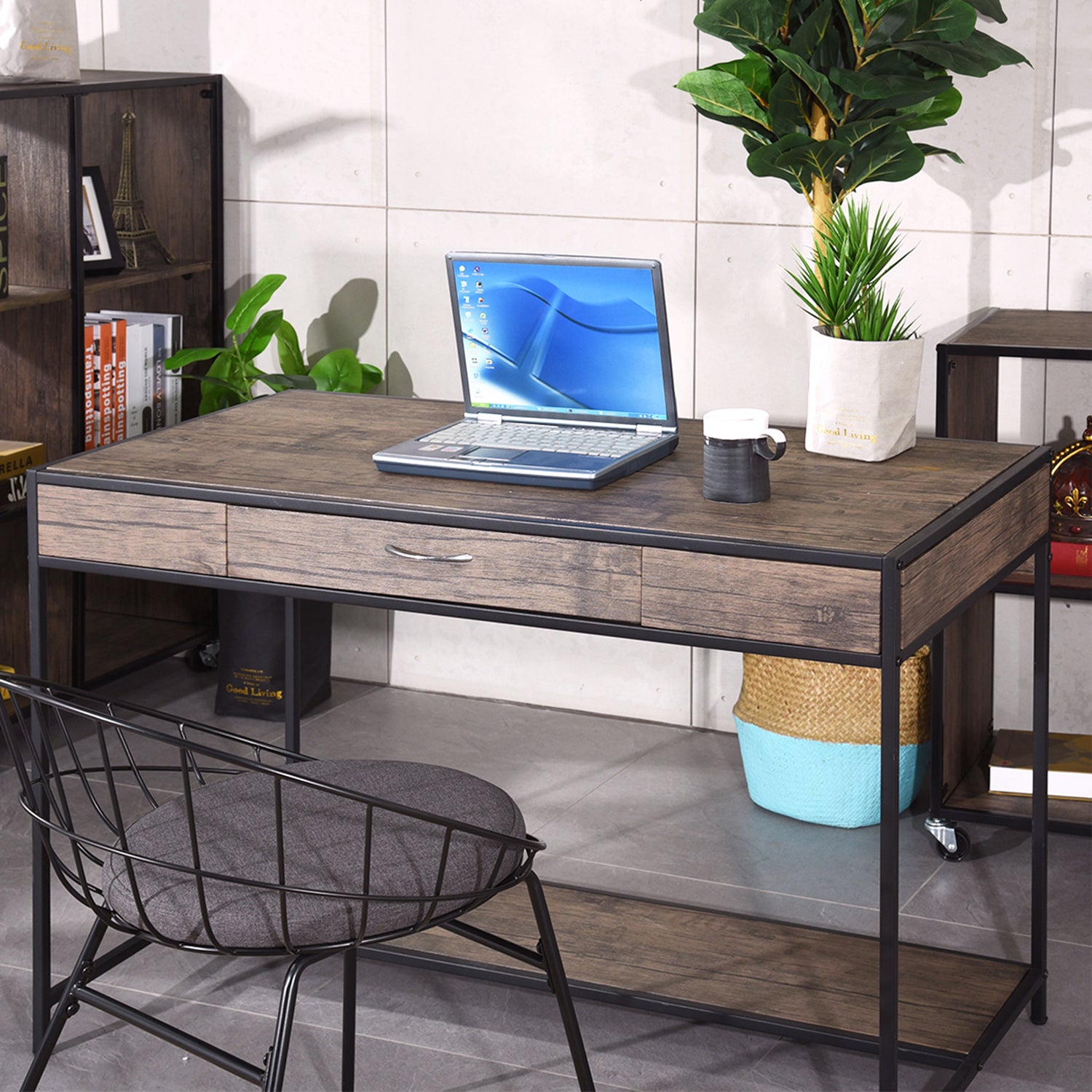 Homy Casa BLACKBURN 43.3” Industrial Desk with Drawer Computer Table Storage Shelf Vintage Brown Open Box