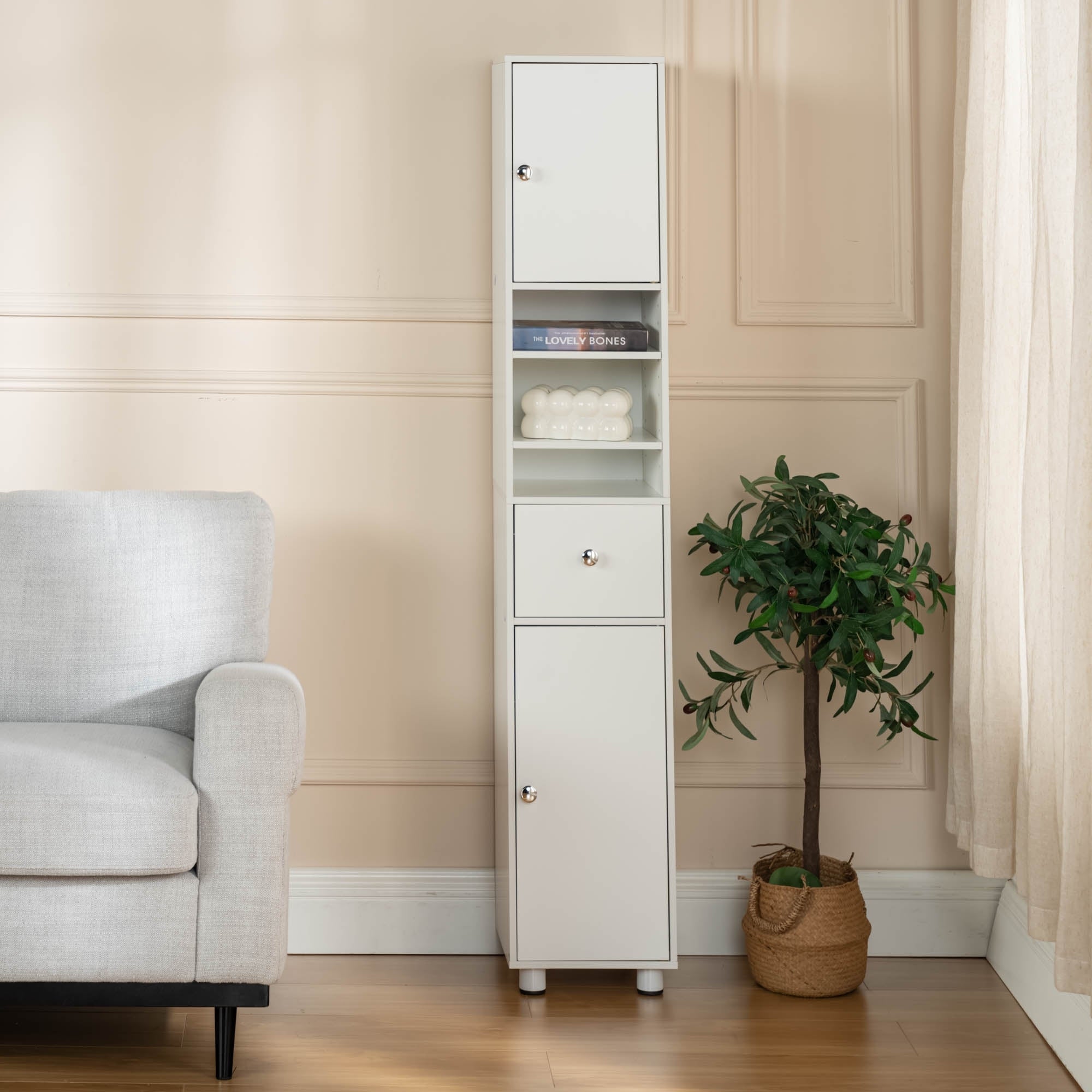 Homy Casa JERICHO 63“ Narrow White Linen Tall Bathroom Storage Cabinet Freestanding