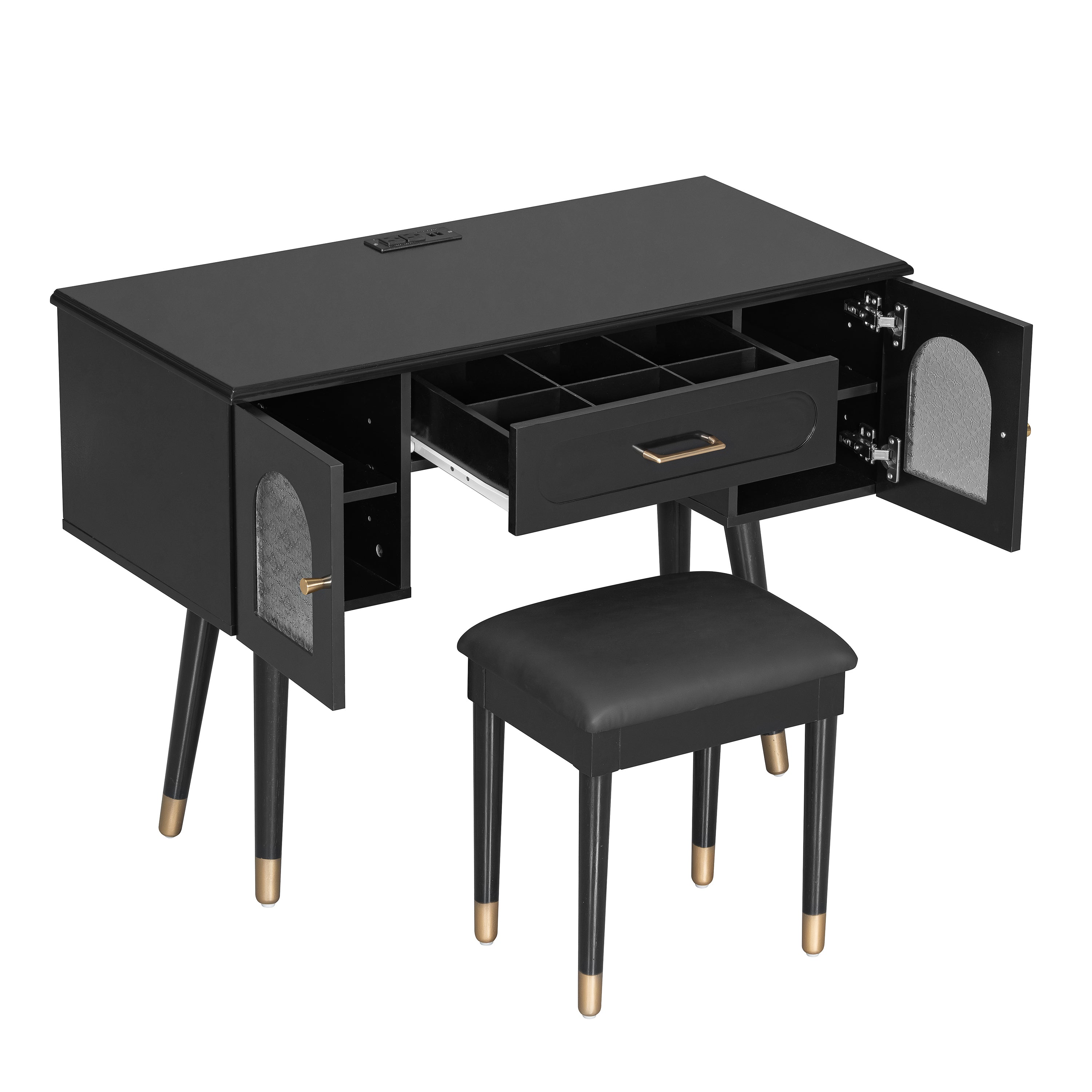 Elegant Vanity Makeup Table & Chair Set, Modern Dressing Table with Organizer, Writing Desk, Charging Port, Black