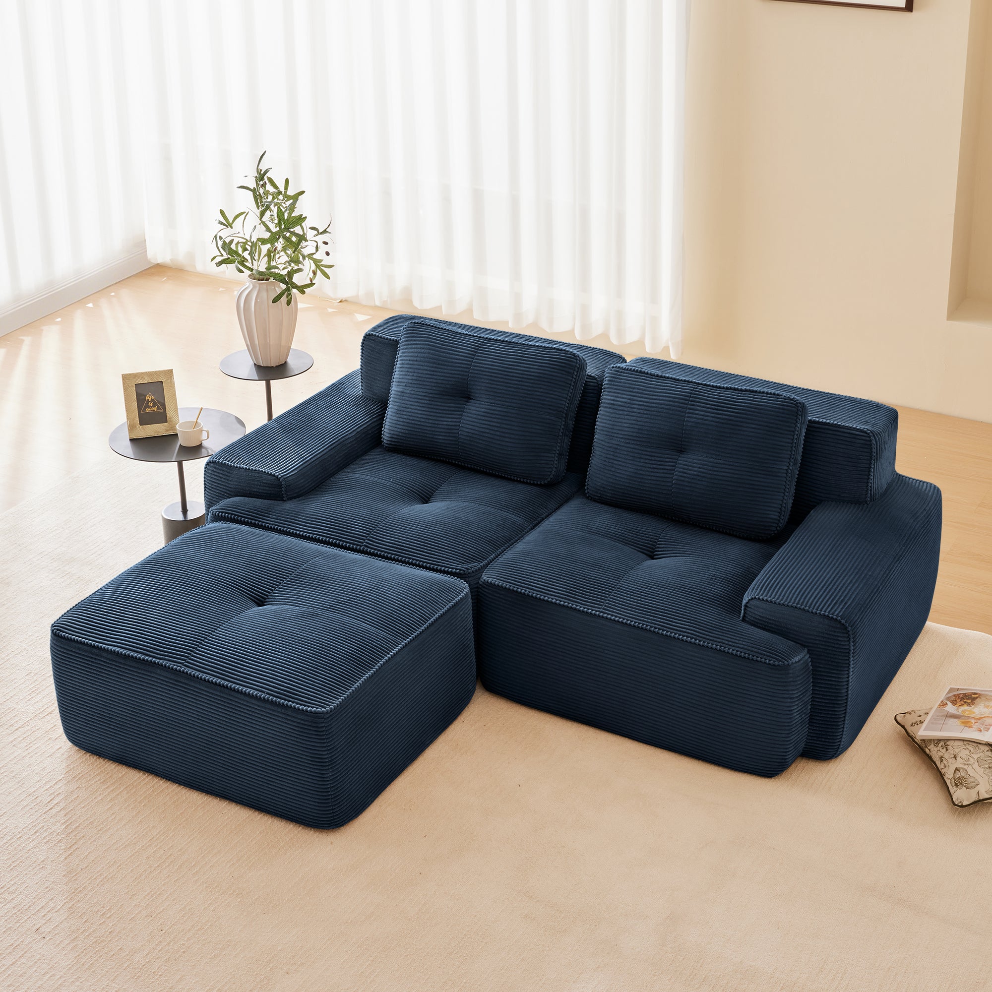 Racine 82" Modular Corduroy Fabric Loveseat Sofa with Pillows and Movable Ottoman