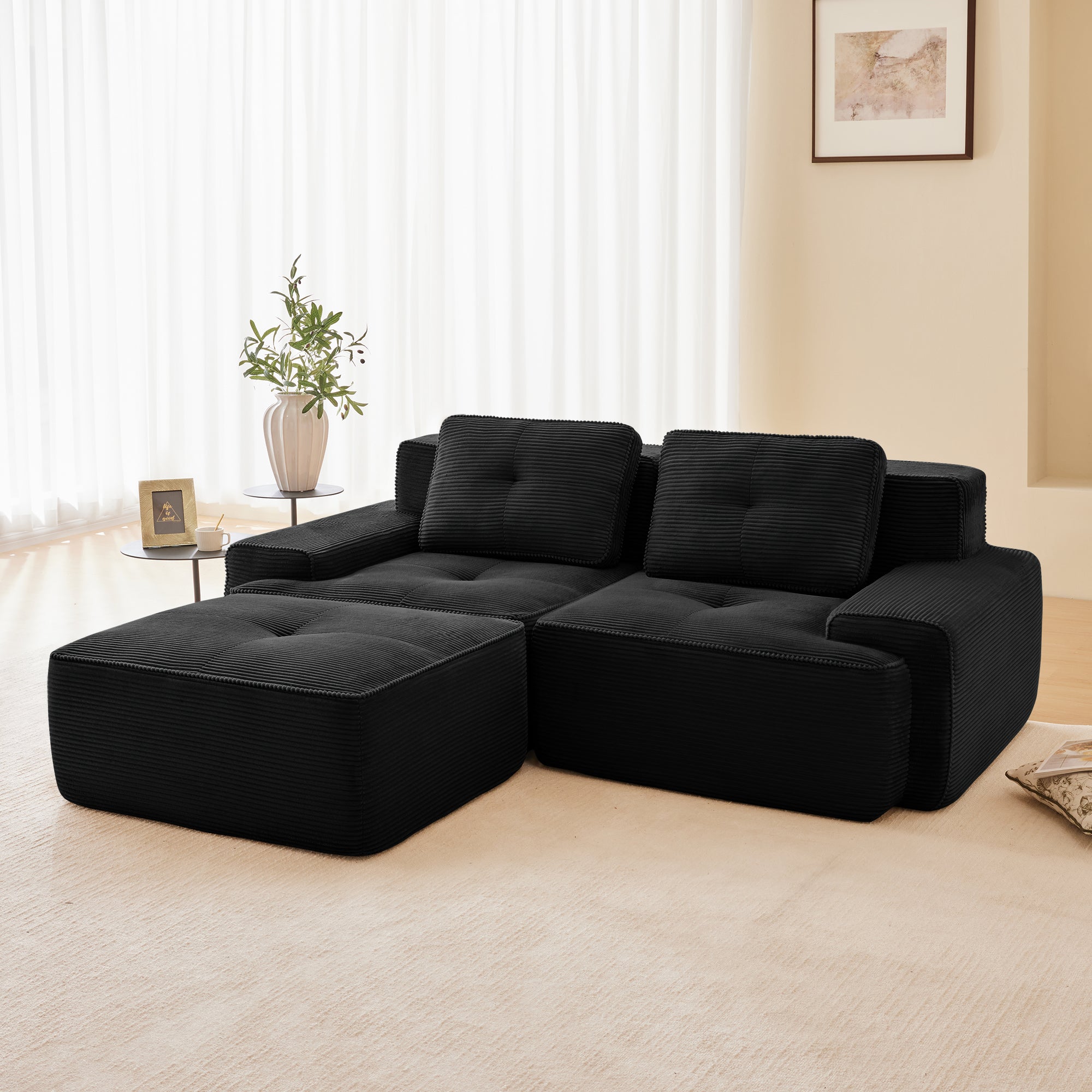 Racine 82" Modular Corduroy Fabric Loveseat Sofa with Pillows and Movable Ottoman