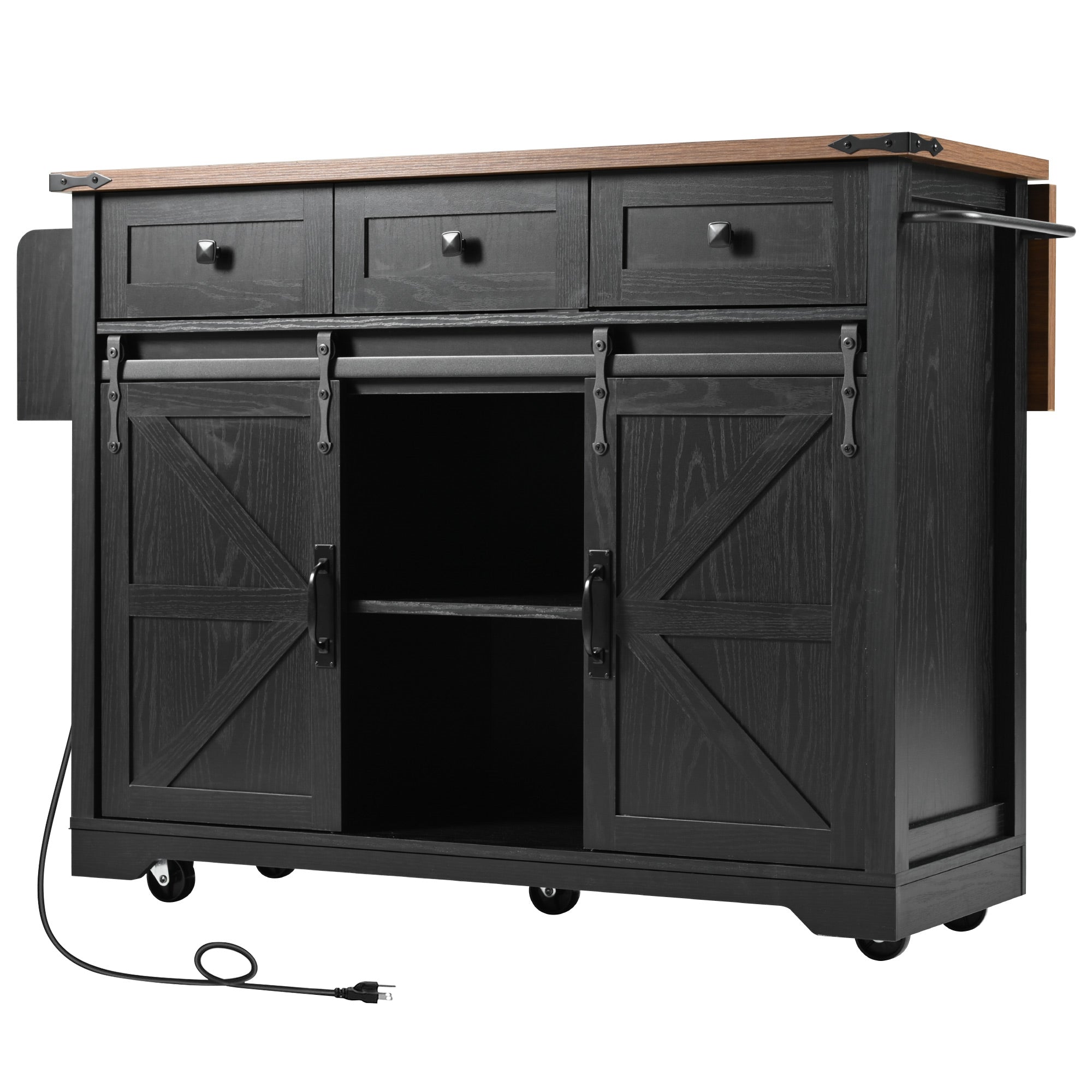 Arlena 55 Inch Farmhouse Kitchen Island with Power Outlet and Drop Leaf