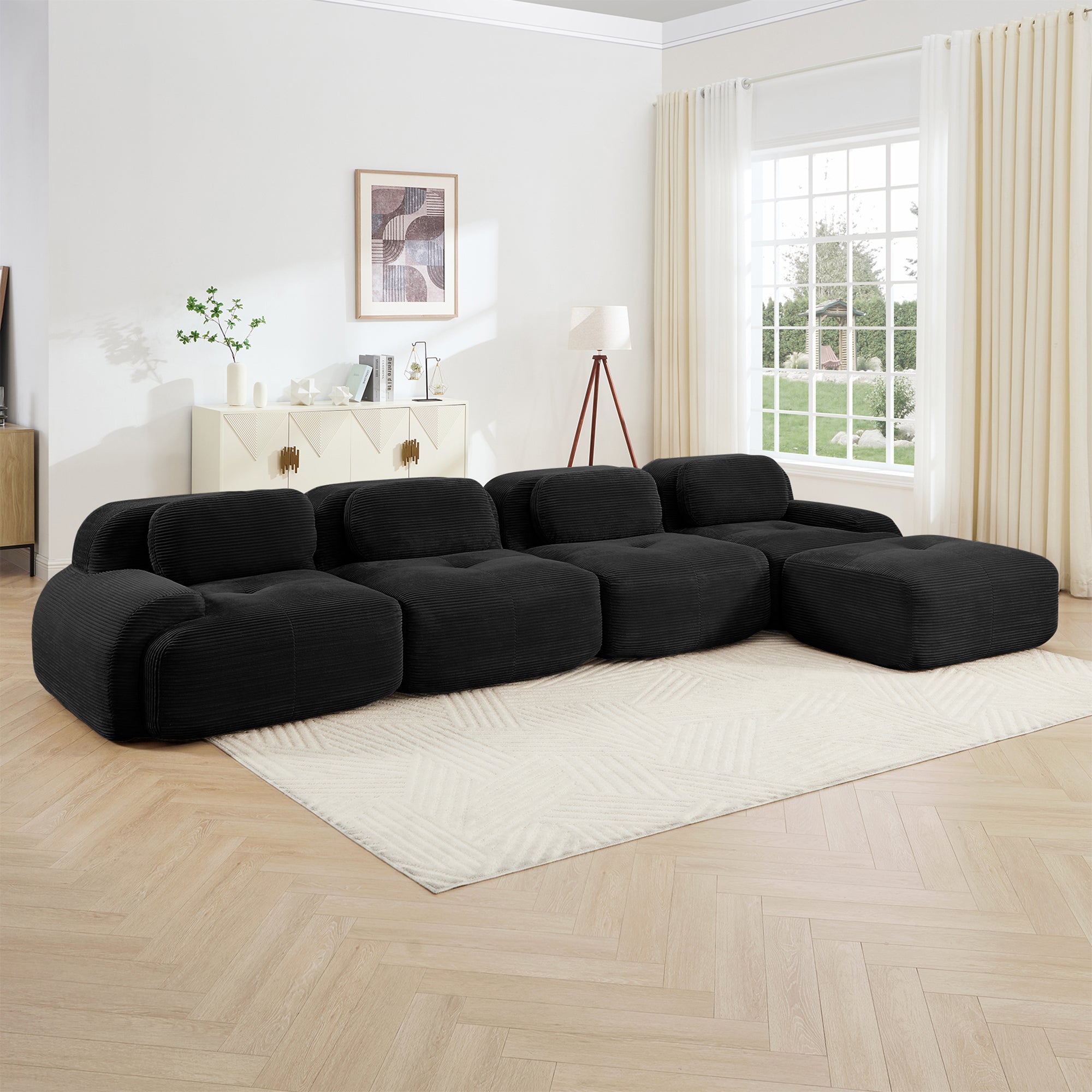 Anchorage 152" Modular Corduroy Cloud L-Shaped Sectional Sofa with Ottoman