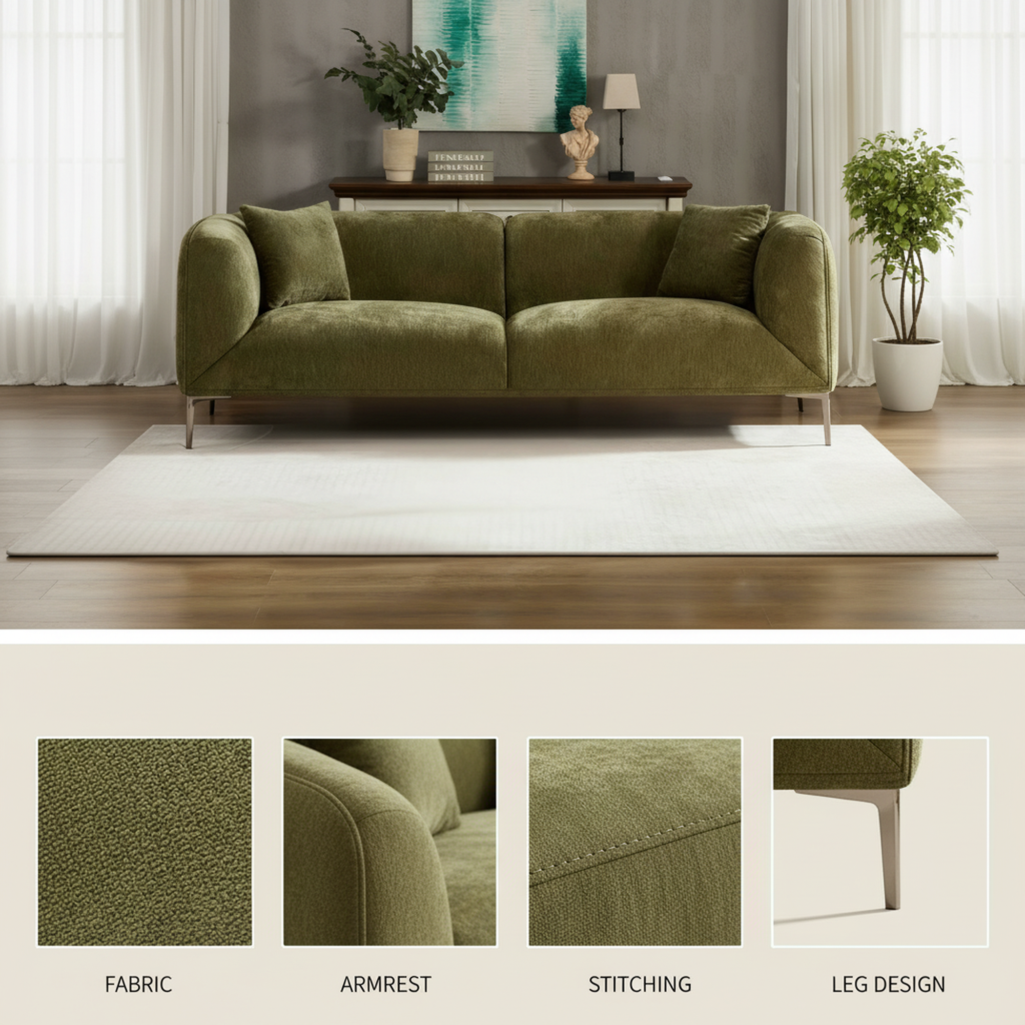 1-Pack Green Modern Sofa, 3-Seater Curved Couch for Living Room, Boucle Fabric, High-Density Foam, Sturdy Wood Frame, Multipurpose Space-Saving Furniture, Easy Assembly, Comfortable Seating