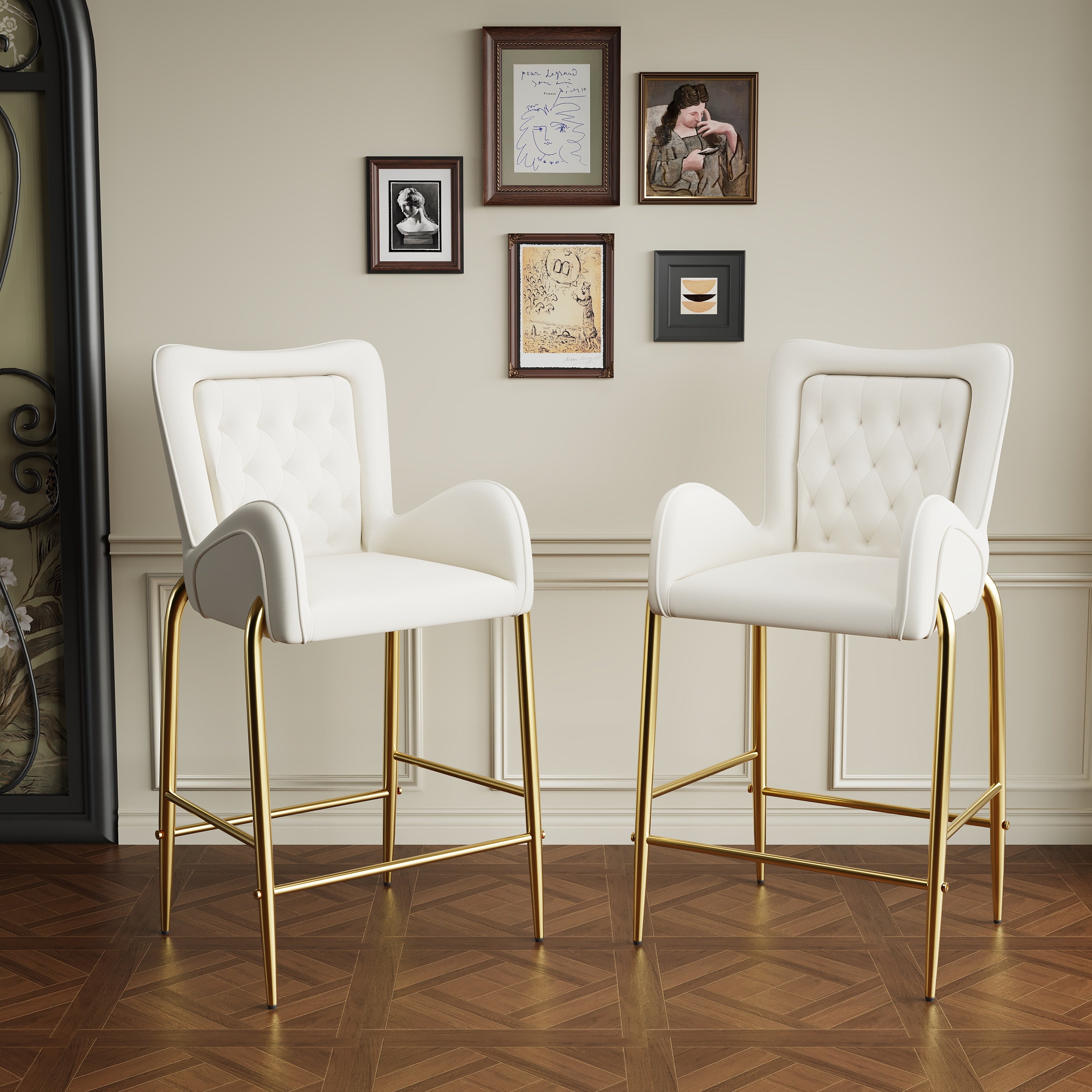 Seren 28.75" Modern Velvet Counter Height Bar Stools Set of 2 with Gold Legs and Footrest