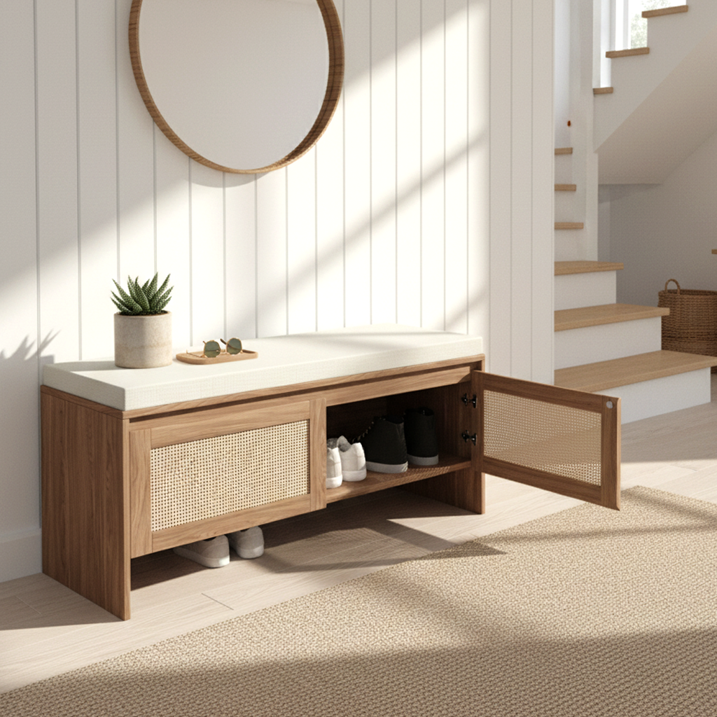 Isolde Rattan Storage Bench with Cushion, Natural Finish