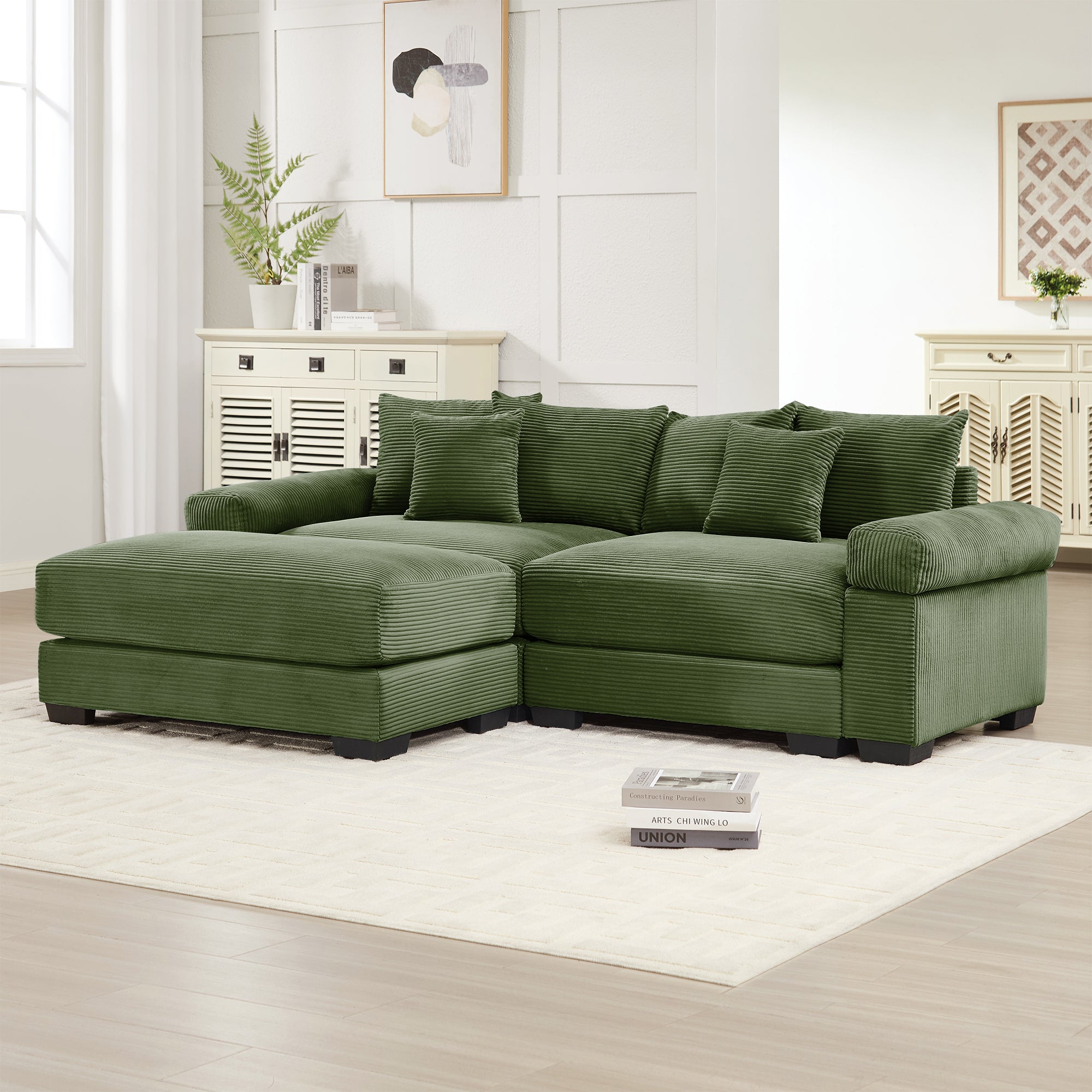 Albany 92" Modular Corduroy Cloud L-Shaped Sectional Sofa with Ottoman