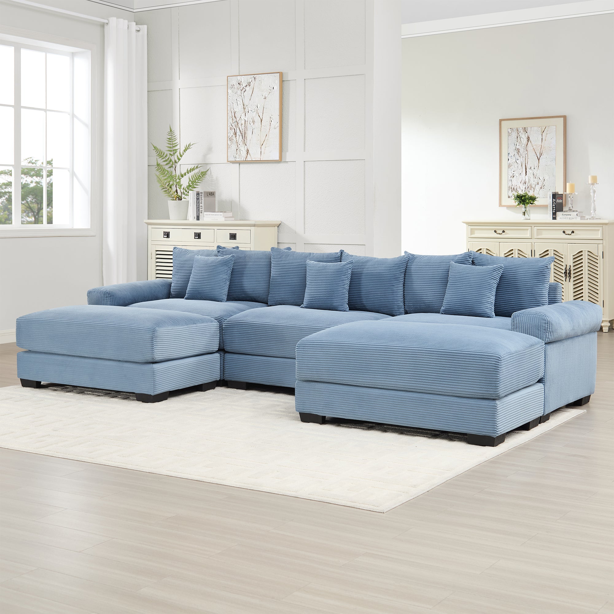 Albany 130" Modular Corduroy Cloud U-Shaped Sectional Sofa with Ottomans