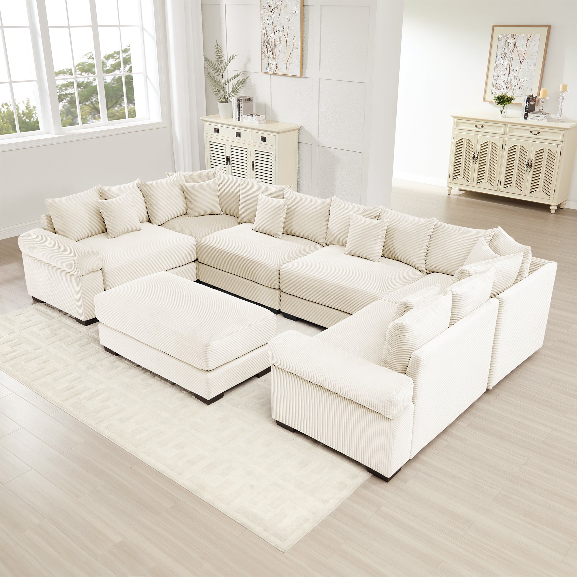 Albany 138" Oversized 7 Pieces Modular Corduroy U-Shaped Sectional Sofa with Ottoman
