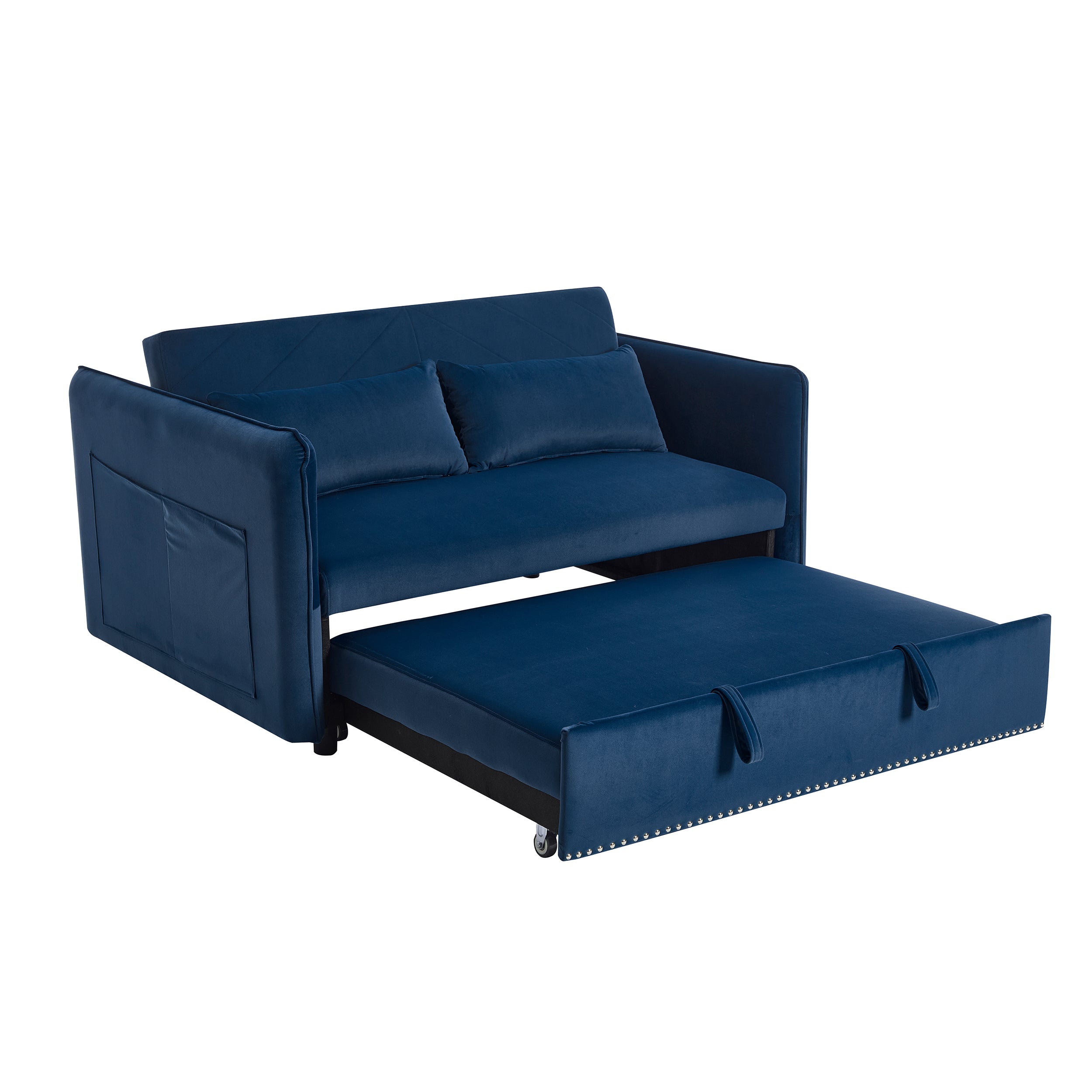 Homy Casa Shreveport 55" Velvet Pull-Out Loveseat Sleeper Sofa Bed with Side Pockets, Blue