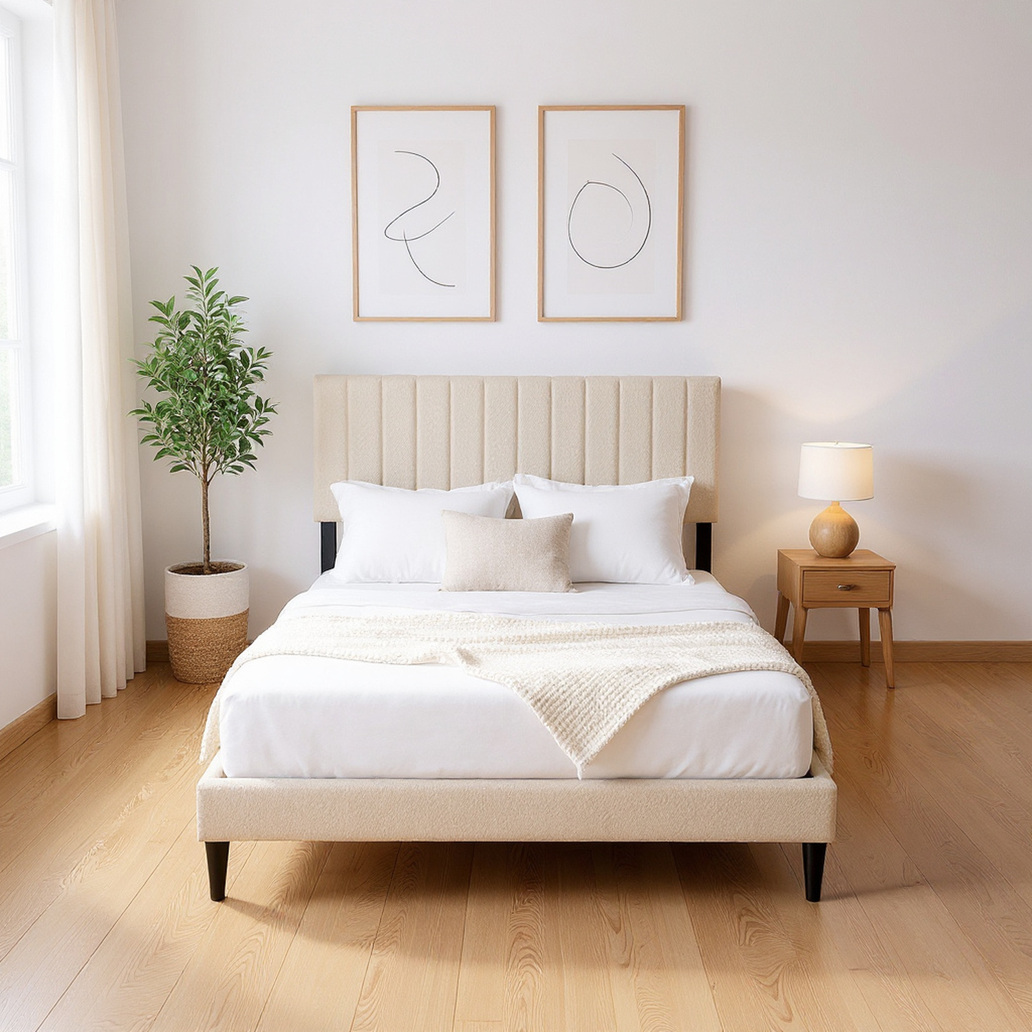 Cream White Upholstered Queen Platform Bed Frame, Tufted Channel Headboard, Mid-Century Bedroom Furniture, No Box Spring Required, Bed Frame Wood Slats, Modern Soft Boucle