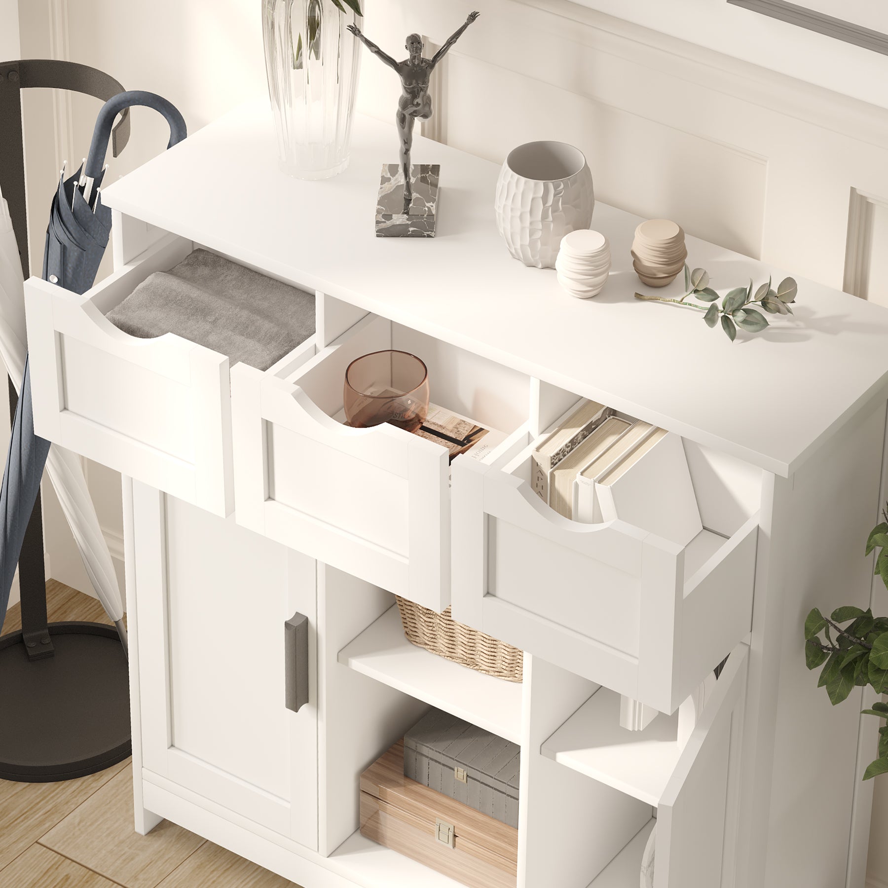 Ardeny Modern Wood Storage Cabinet with Drawers and Shelves White