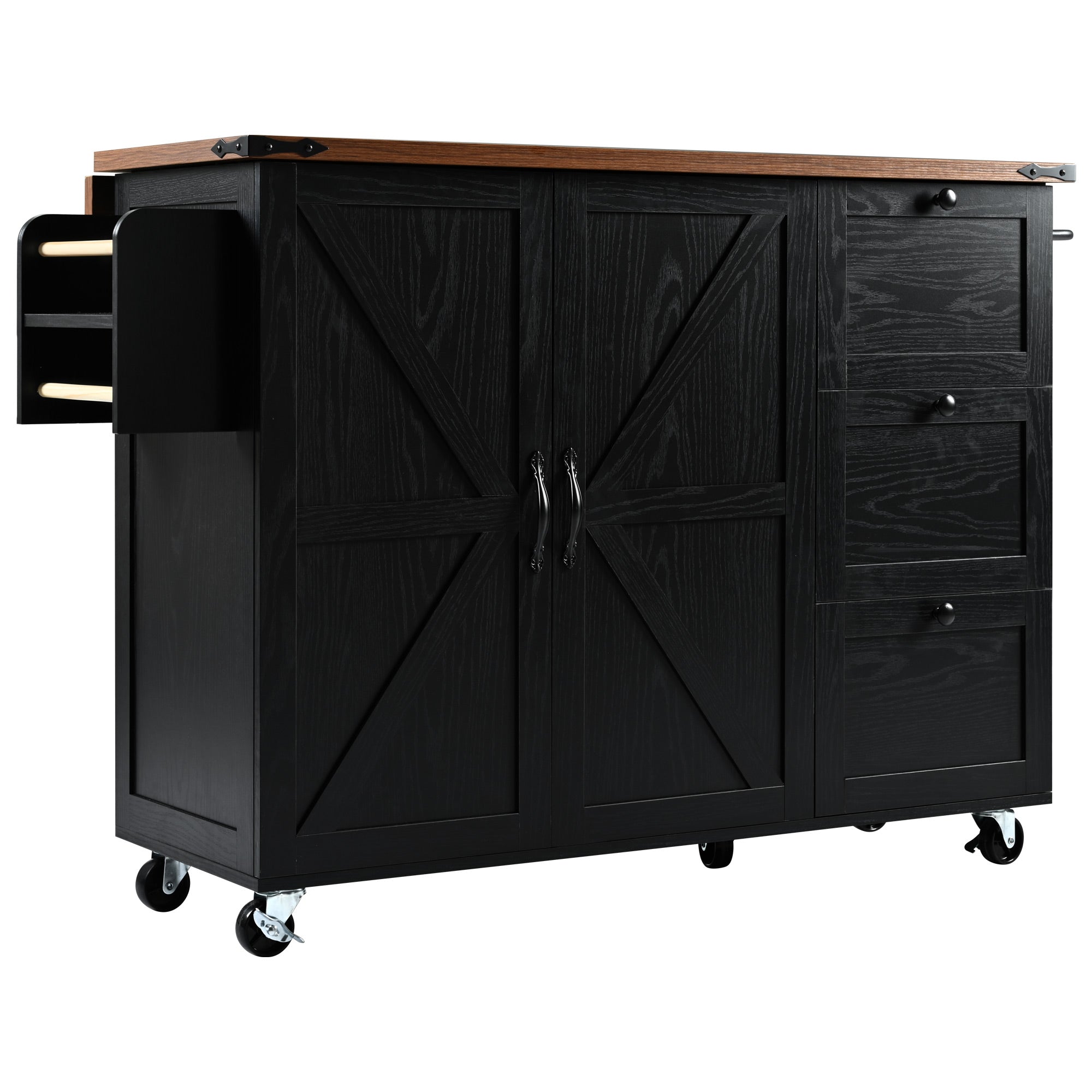 54.5" Farmhouse Kitchen Island with Power Outlet, Kitchen Storage Island  with Internal Storage Rack, Drop Leaf, Spice Rack, Rolling Kitchen Cart on Wheels, for Home, Kitchen and Dining Room,Black