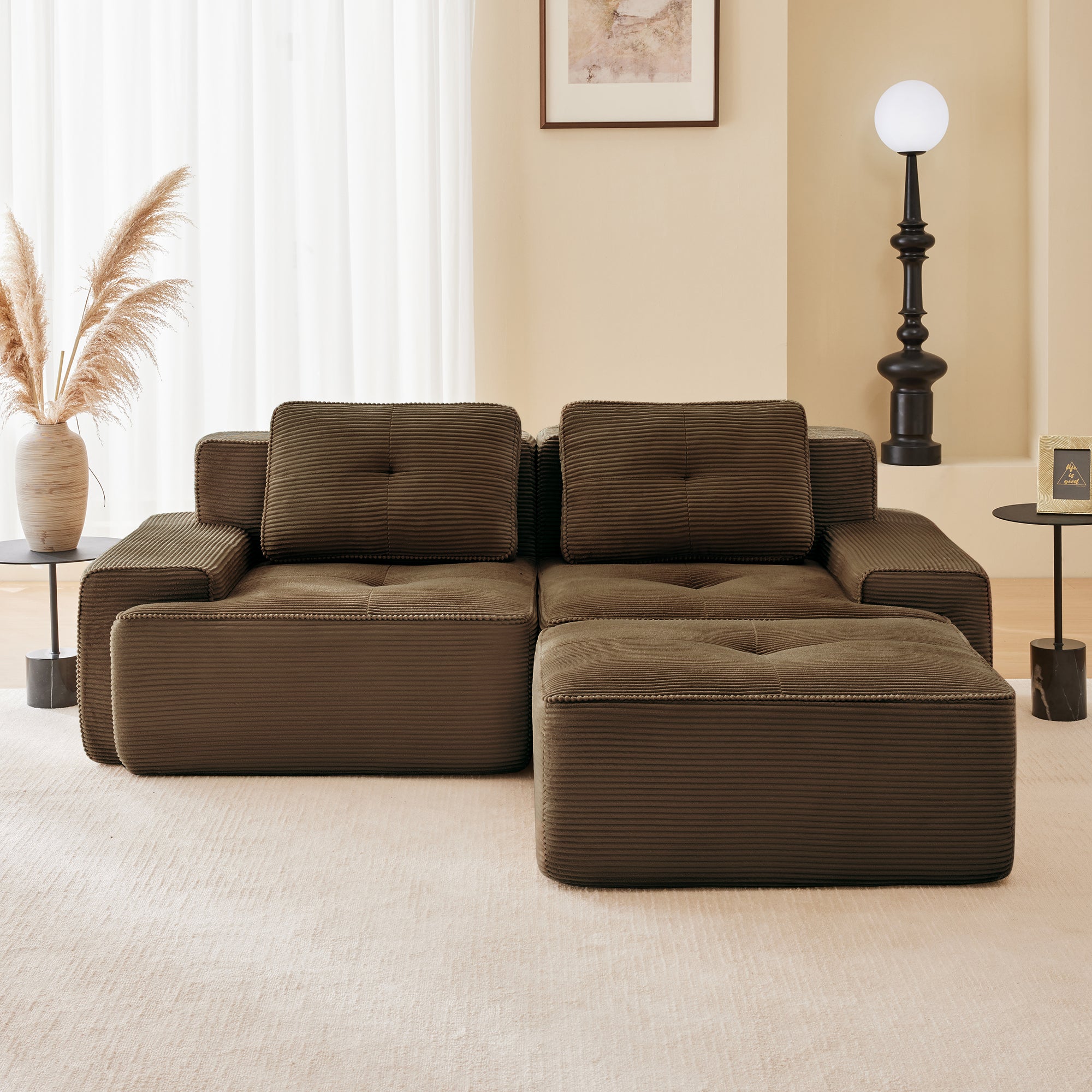 Racine 82" Modular Corduroy Fabric Loveseat Sofa with Pillows and Movable Ottoman