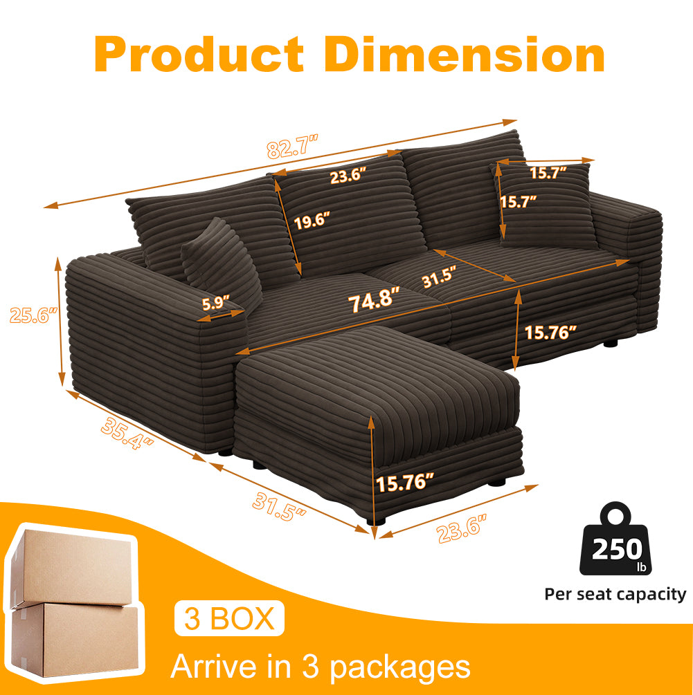 Norwalk 83" Modular Plush Corduroy L-Shaped Sectional Sofa with Movable Ottoman
