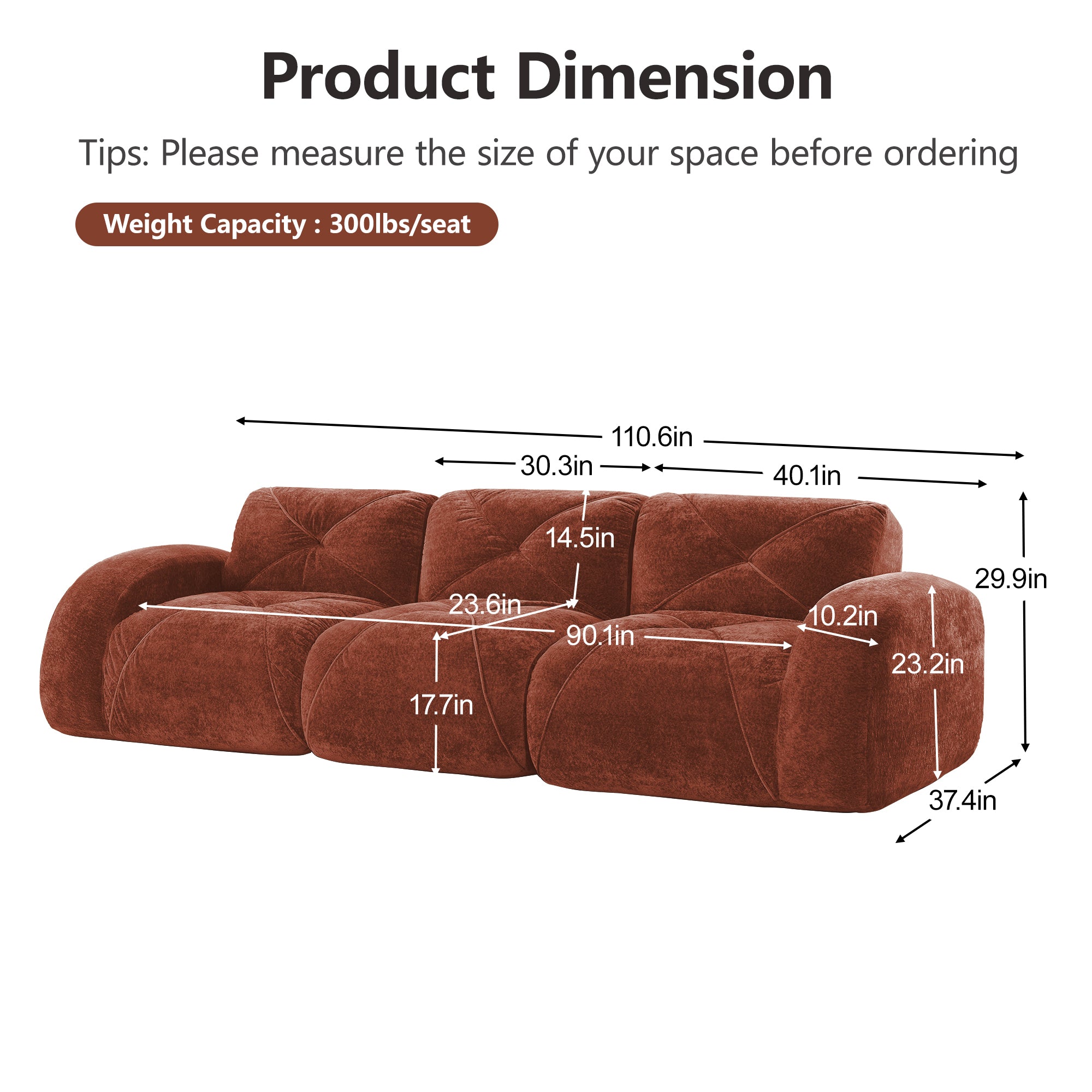 Aven 110" Modular Velvet Cloud 3-Seater Sofa with Curved Armrests