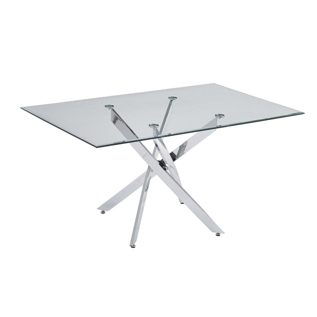 Vela 59" Modern Glass Rectangular Dining Table with Cross Chrome Base