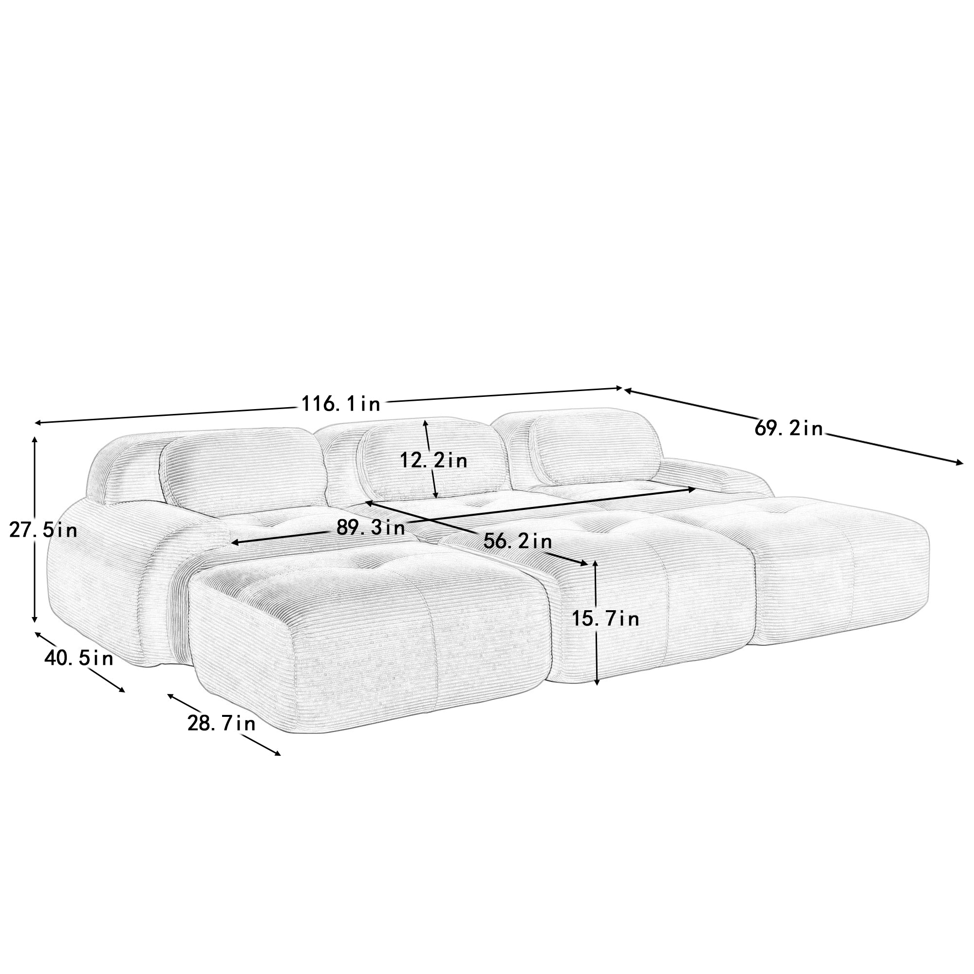 Anchorage 116" Corduroy Cloud Modular Sofa with Ottomans and Curved Armset
