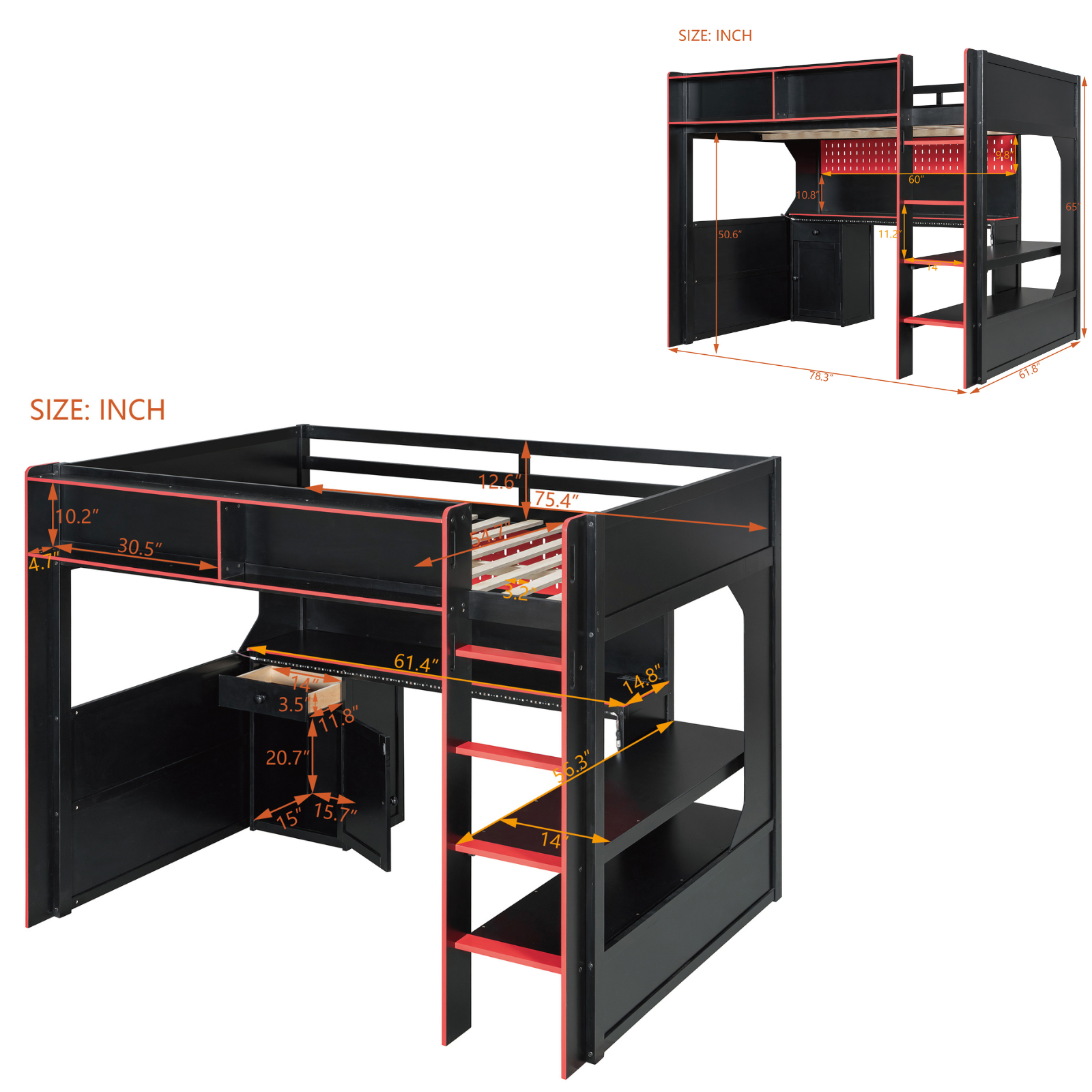 Galenor Full Size Gaming Loft Bed with Integrated Desk, Charging Station and LED Lights