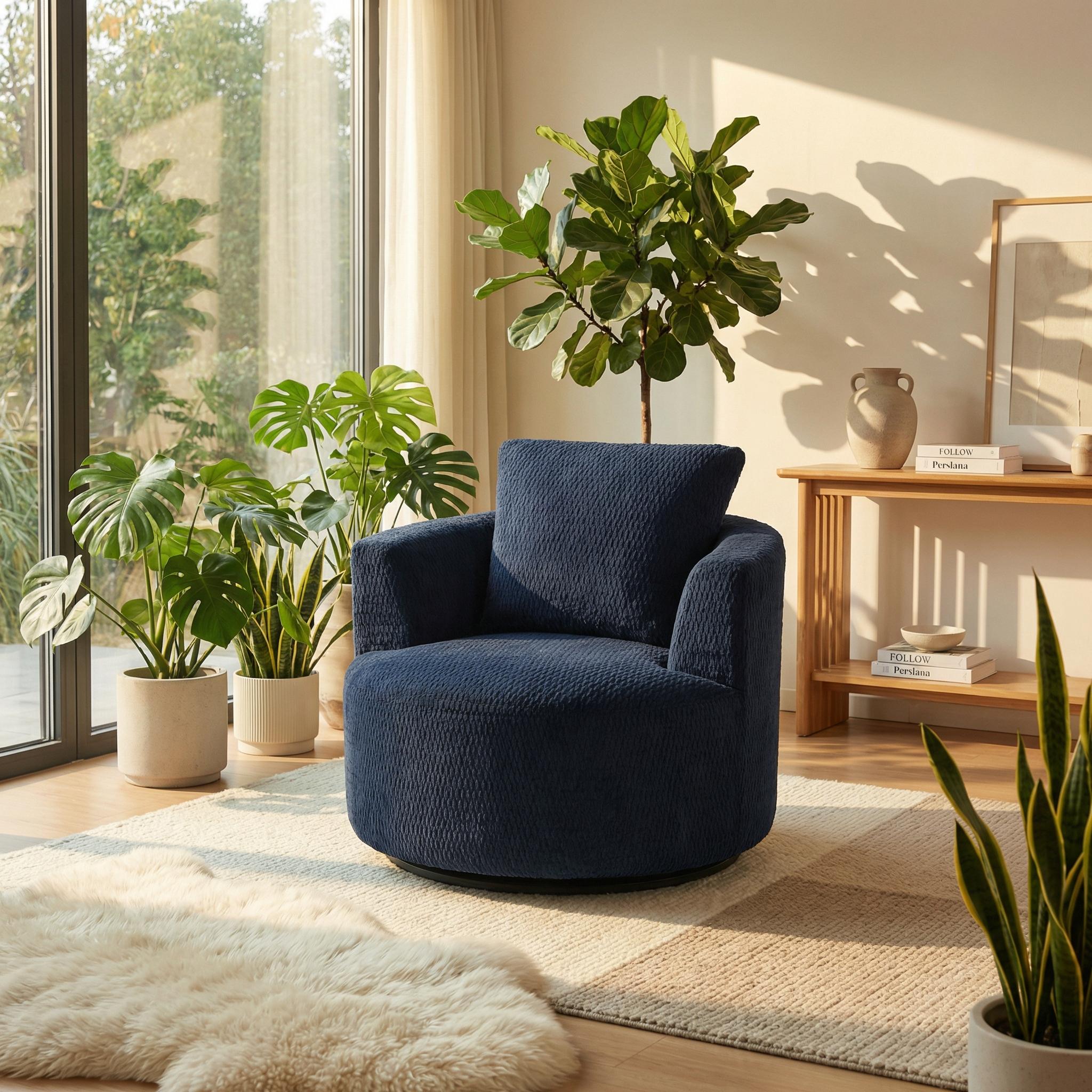 1-Pack Dark Blue Swivel Accent Chair, Modern Comfort Armchair with Faux Fur, 360° Rotation, Plush Sponge & Pocket Spring Support, Stylish Space-Saving Furniture for Living Room, Office, Apartment, Easy Assembly, Durable Wooden Base