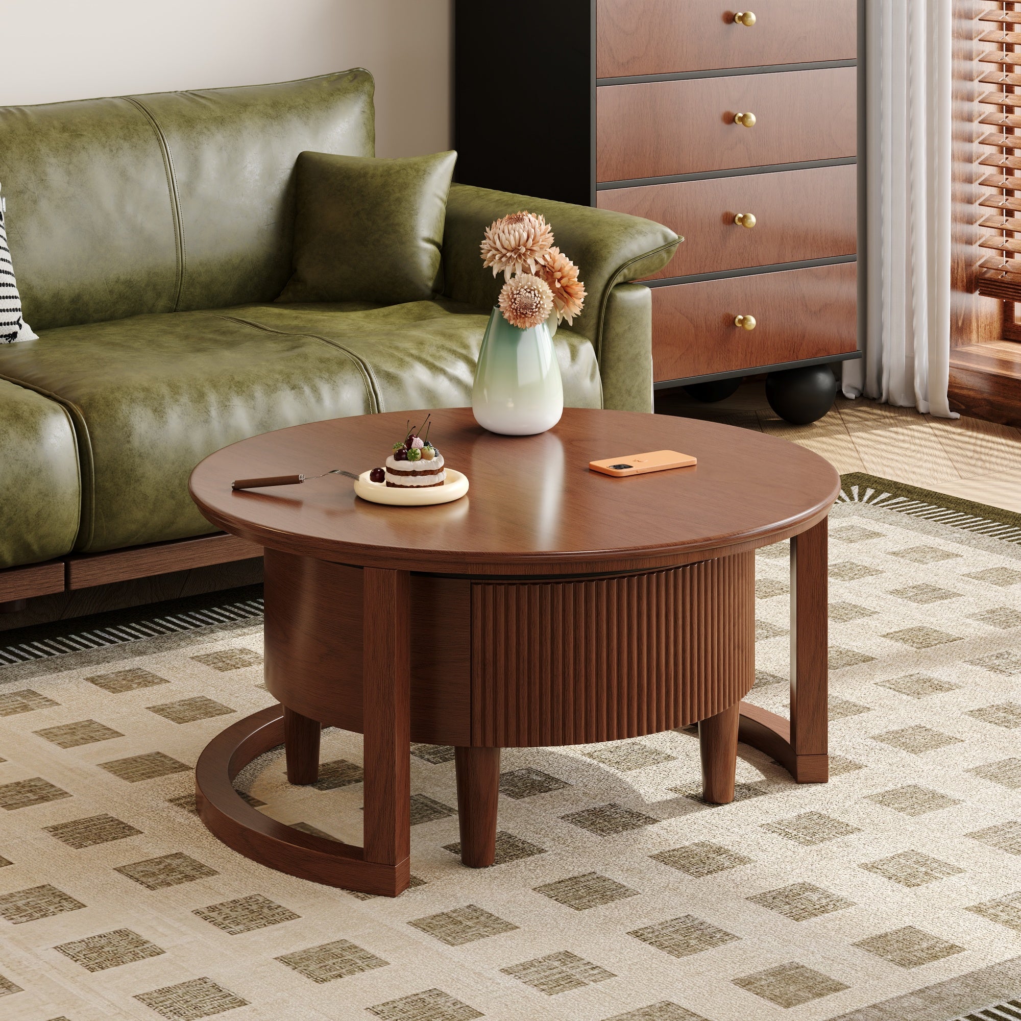 Imola 32" Round Nesting Coffee Table Set with Fluted Storage Drawer